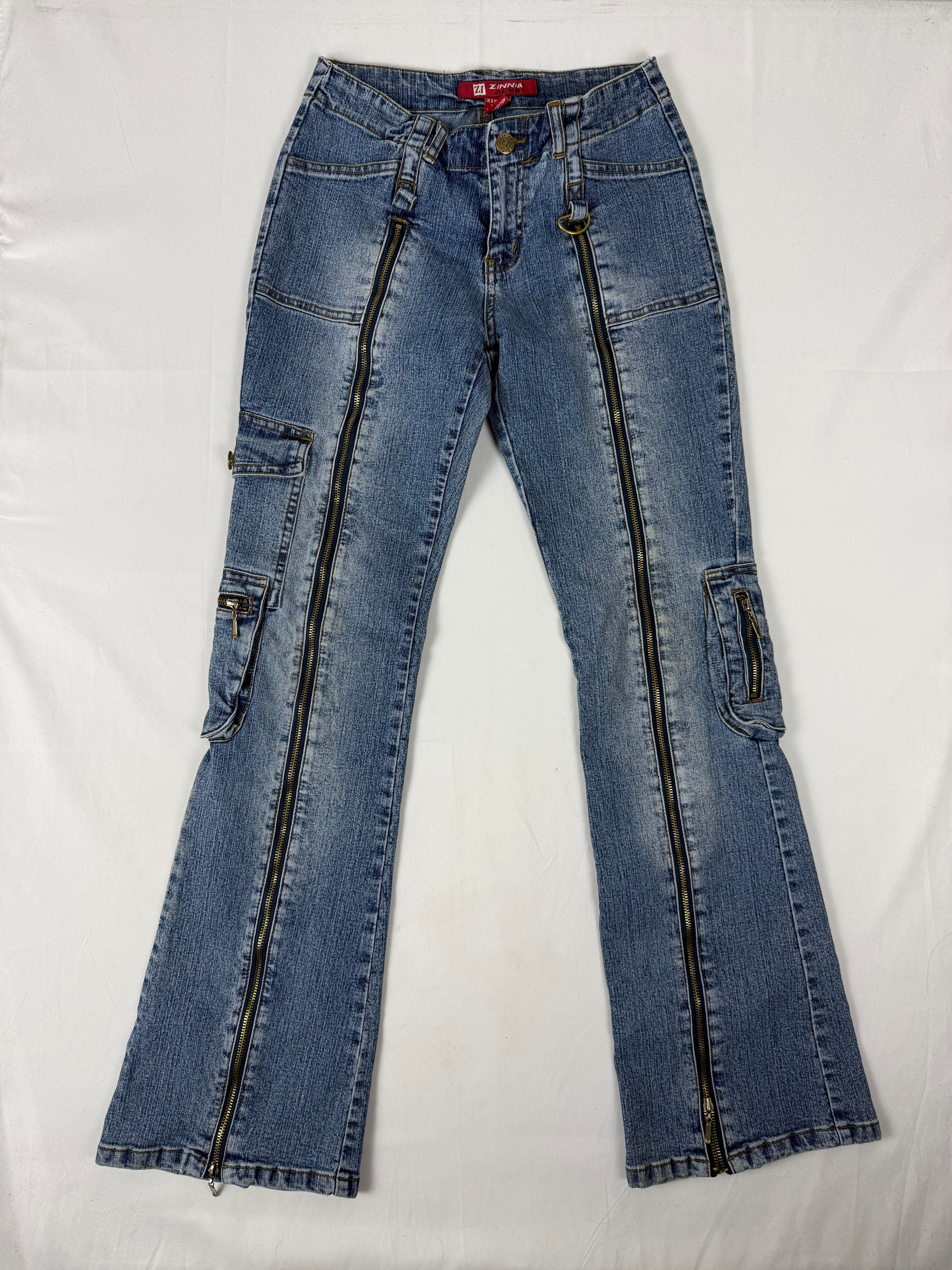 Blue denim low waist zip up flare pants (XS/S)