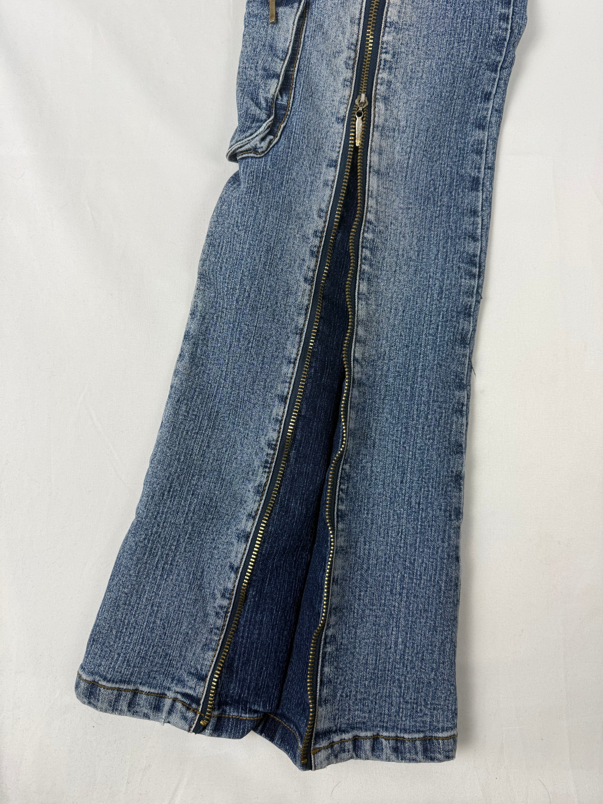 Blue denim low waist zip up flare pants (XS/S)