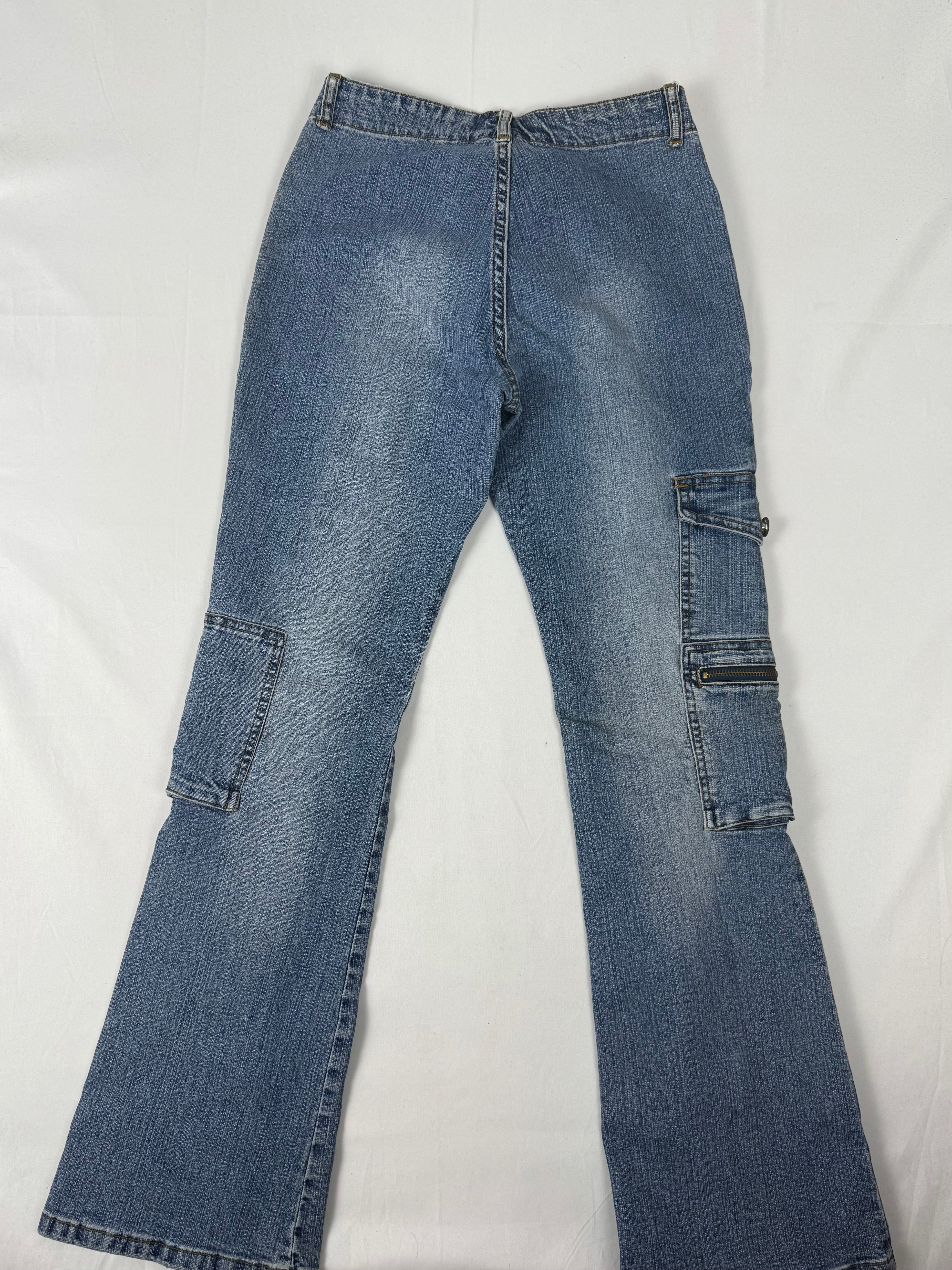 Blue denim low waist zip up flare pants (XS/S)