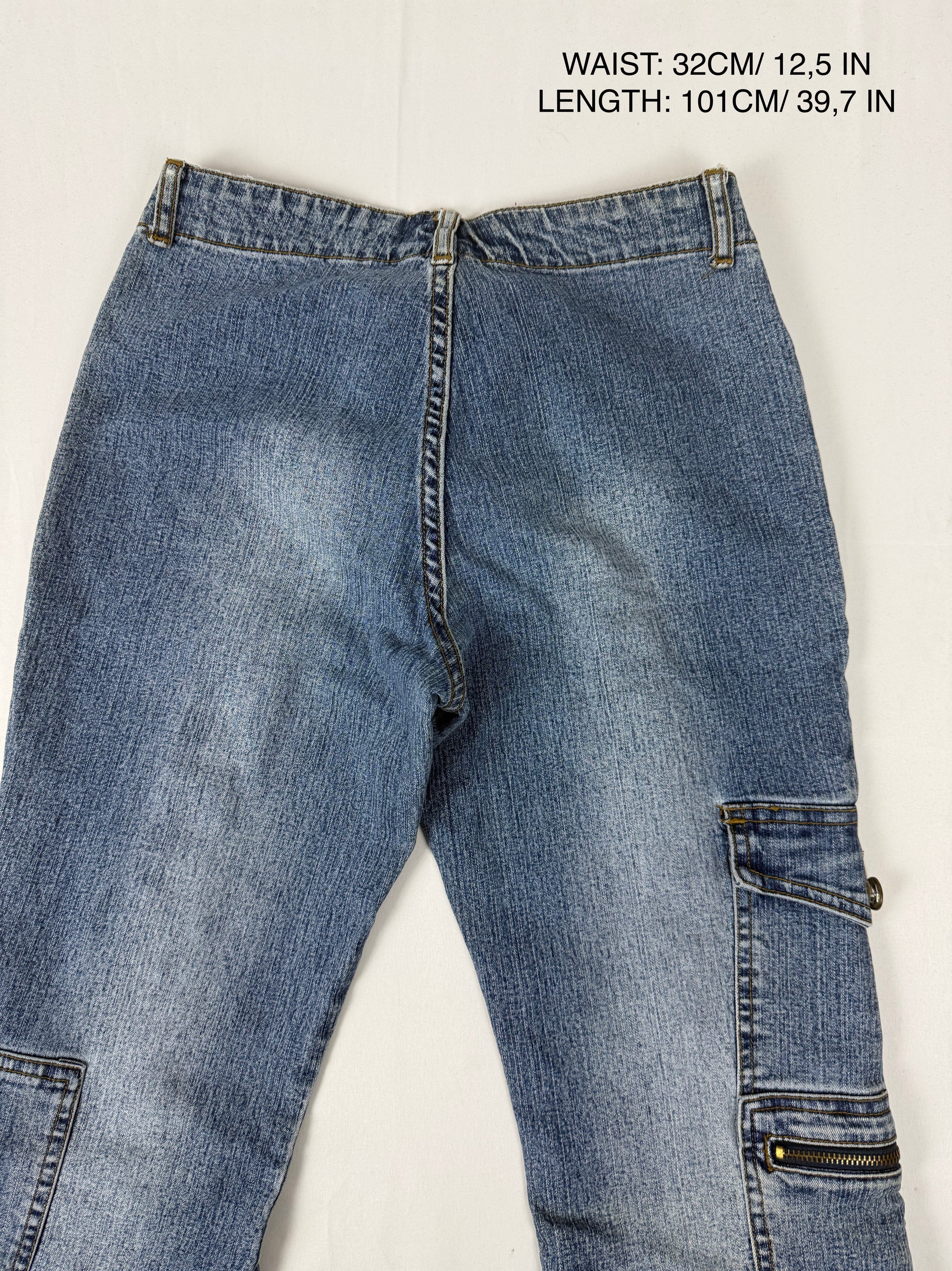 Blue denim low waist zip up flare pants (XS/S)