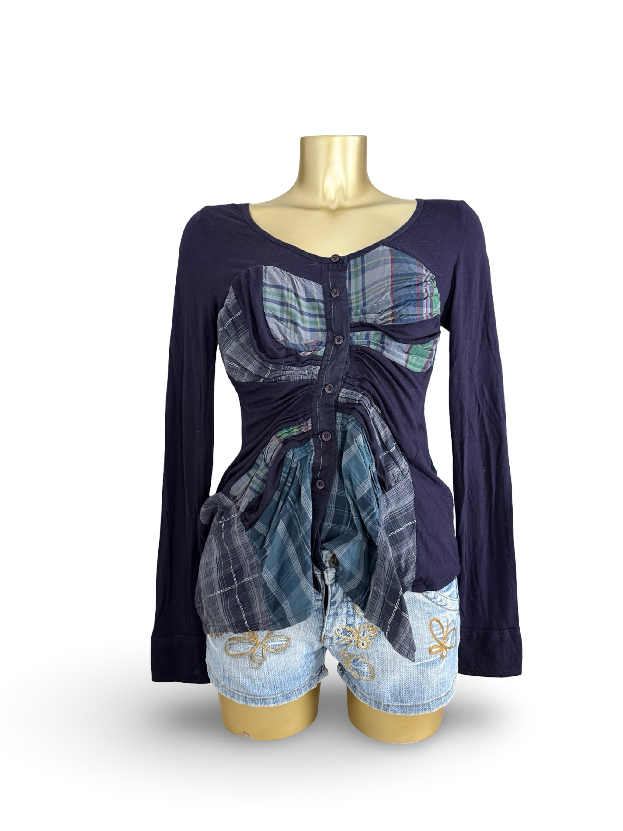 Navy check print asymmetric long sleeves top (M/L)