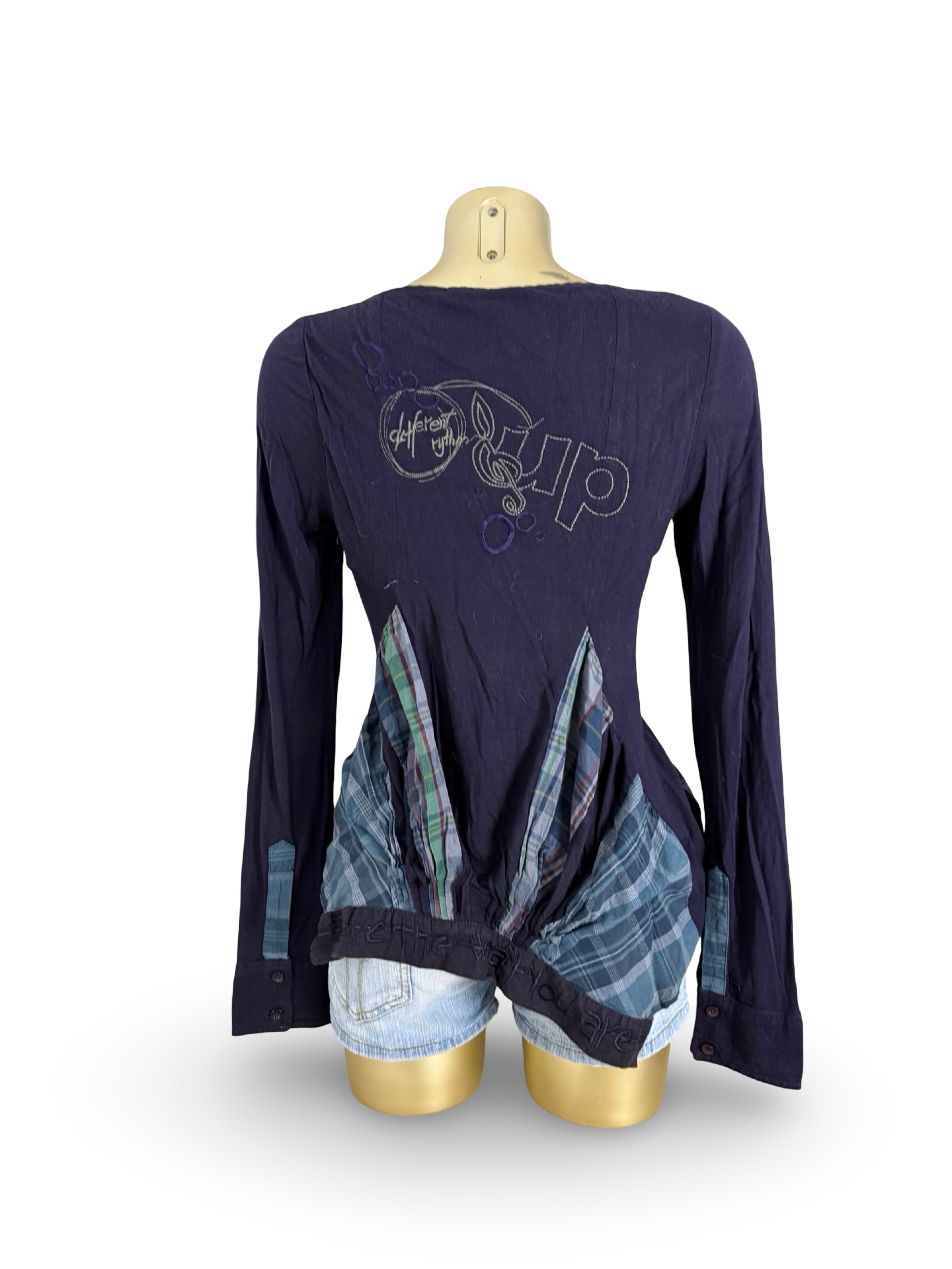 Navy check print asymmetric long sleeves top (M/L)
