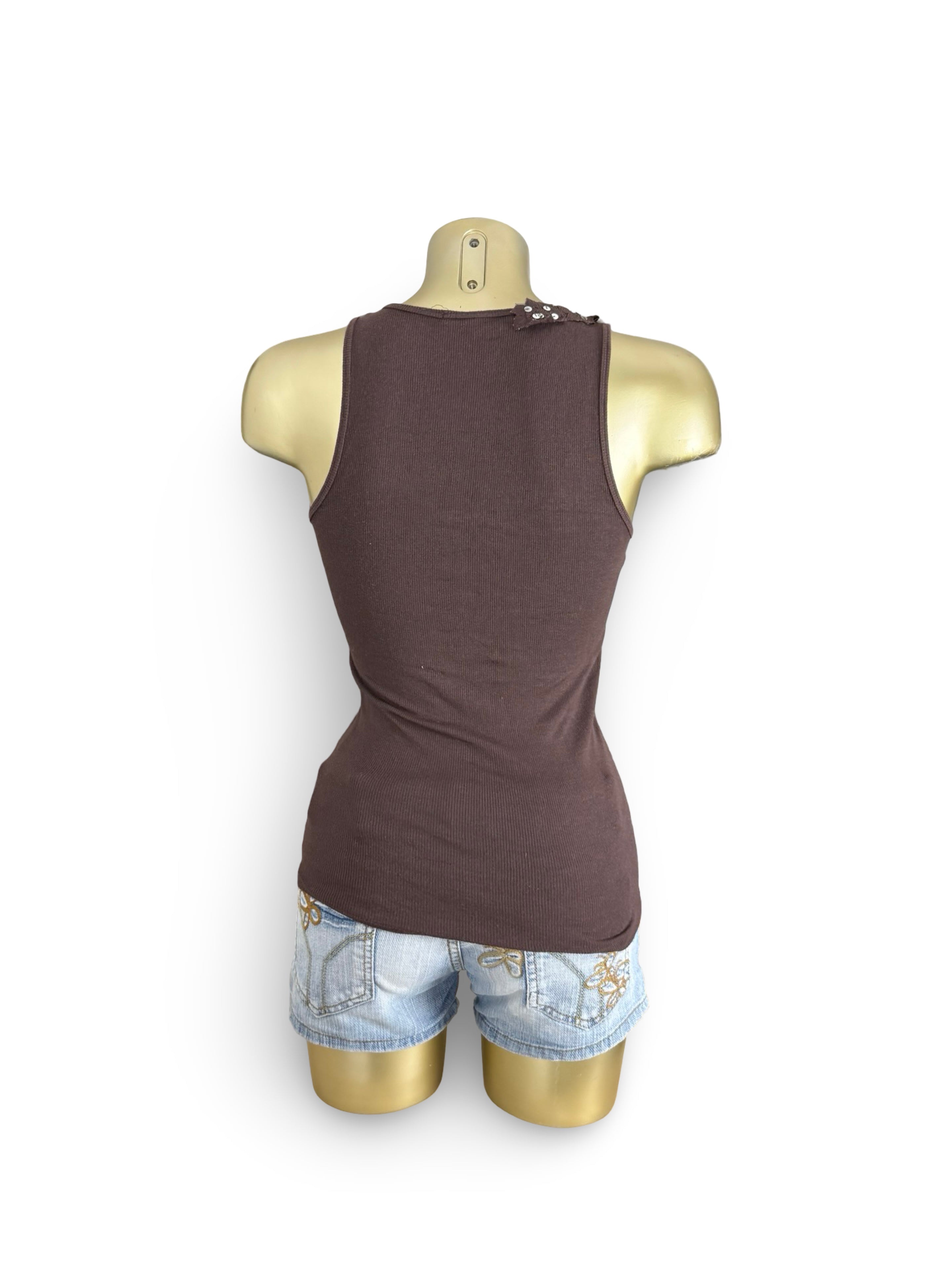 Brown ribbed sequins floral tank top (S/M)