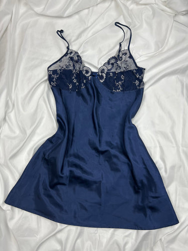 Navy satin effect & lace babydoll cami dress (M)