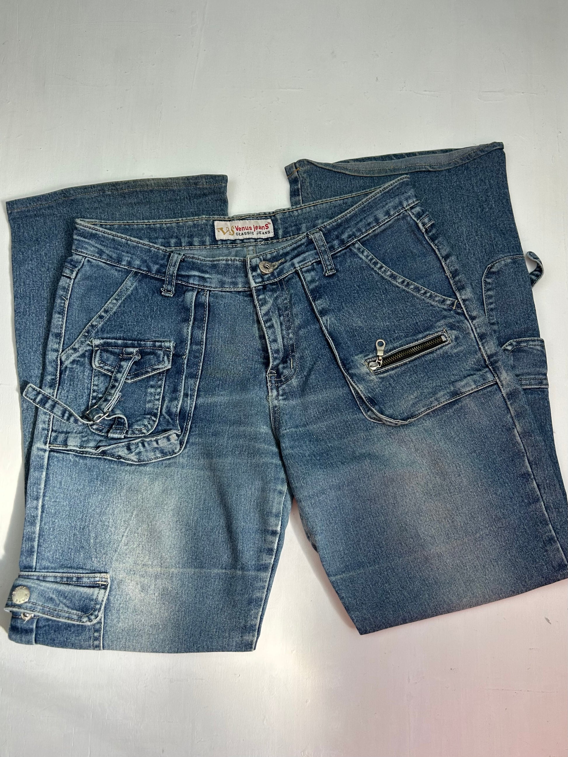 Blue low waist denim cargo baggy pants (S/M)
