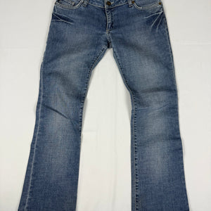 Blue denim rhinestones logo low rise flare pants (S)