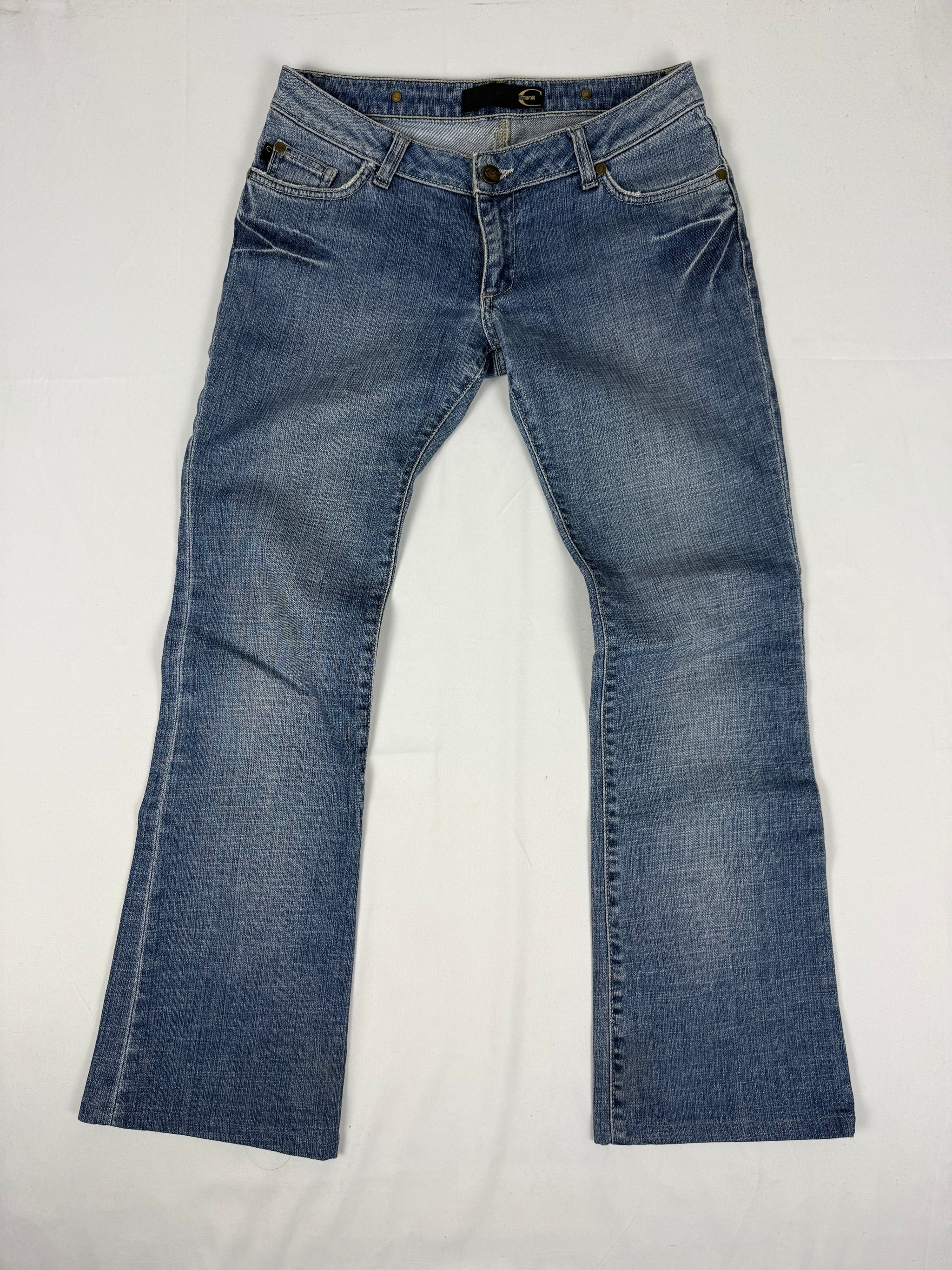 Blue denim rhinestones logo low rise flare pants (S)
