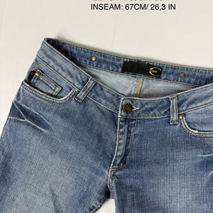 Blue denim rhinestones logo low rise flare pants (S)