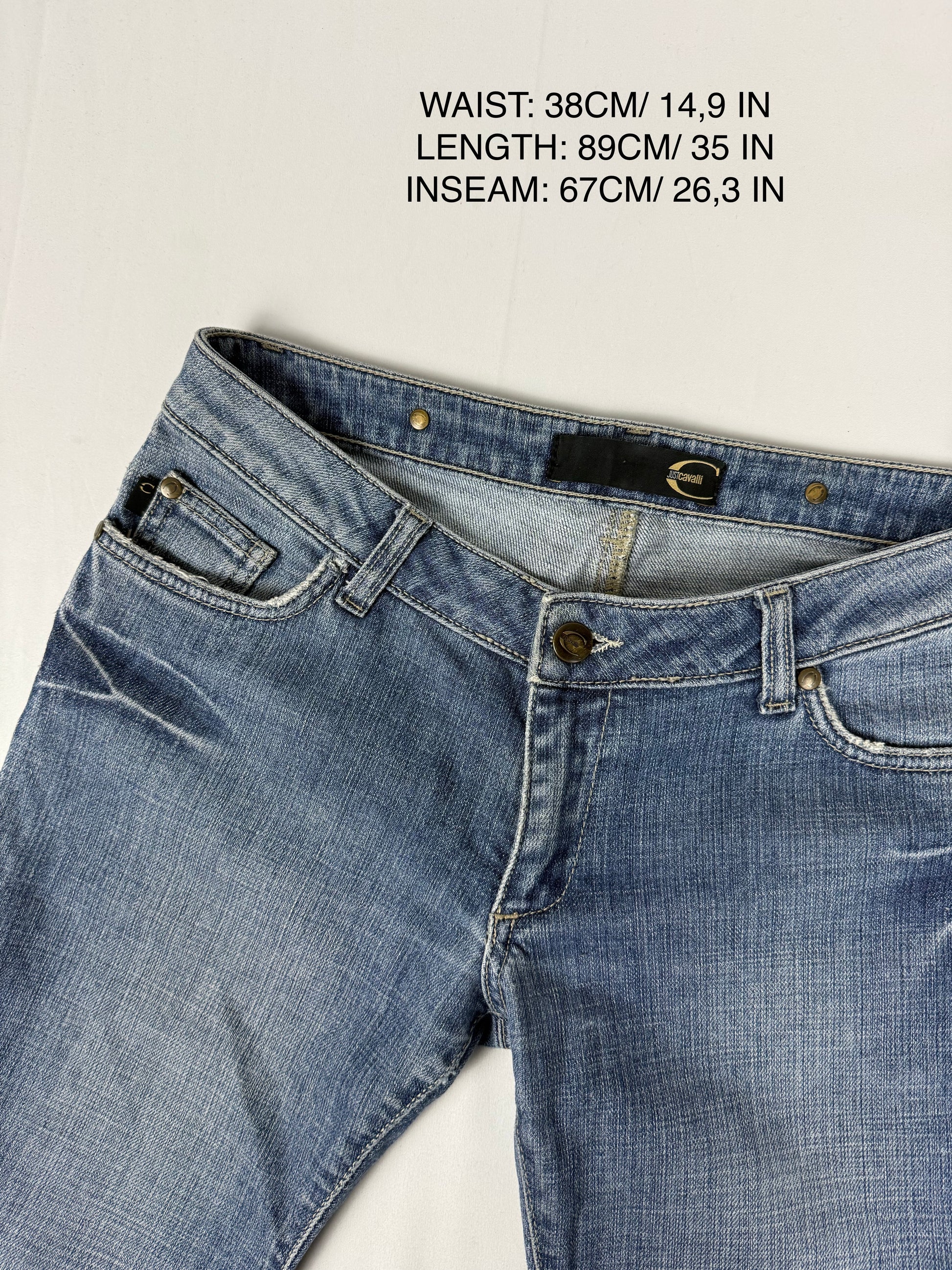 Blue denim rhinestones logo low rise flare pants (S)