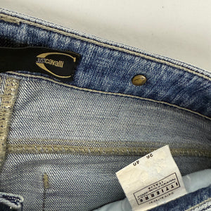 Blue denim rhinestones logo low rise flare pants (S)