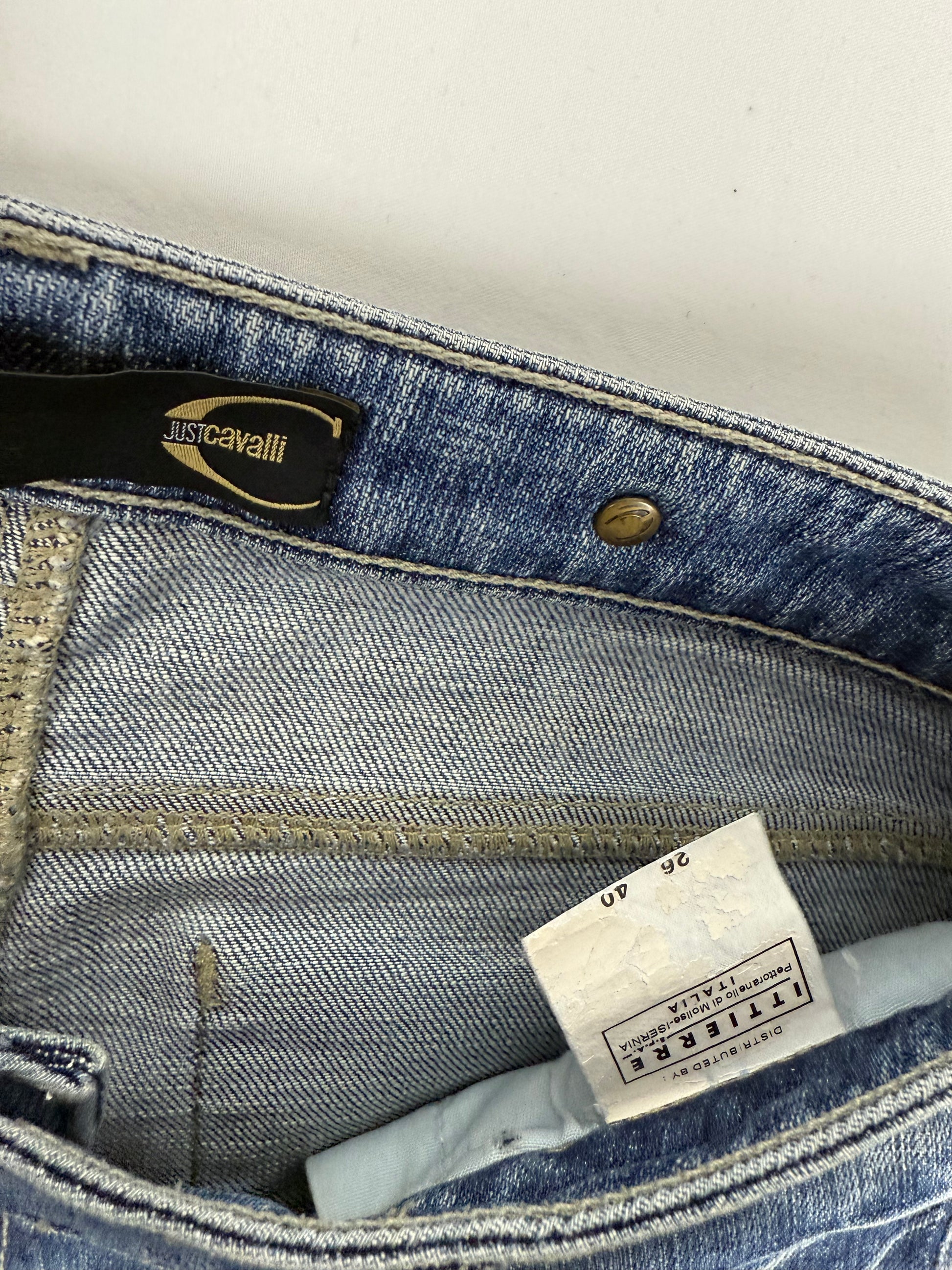 Blue denim rhinestones logo low rise flare pants (S)