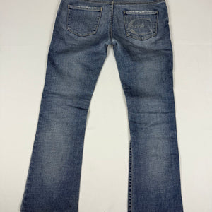 Blue denim rhinestones logo low rise flare pants (S)