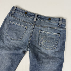 Blue denim rhinestones logo low rise flare pants (S)