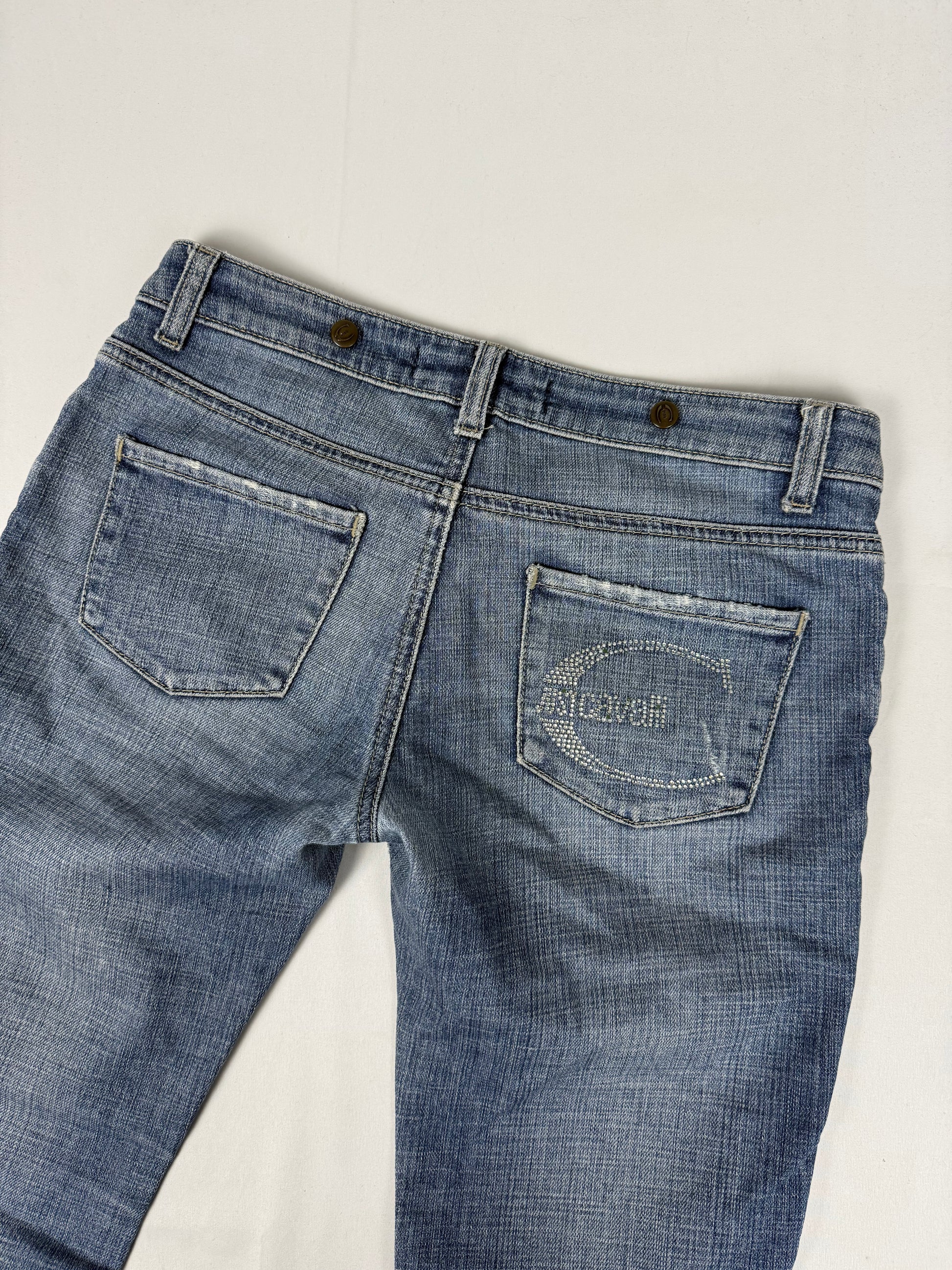 Blue denim rhinestones logo low rise flare pants (S)