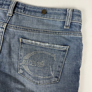 Blue denim rhinestones logo low rise flare pants (S)