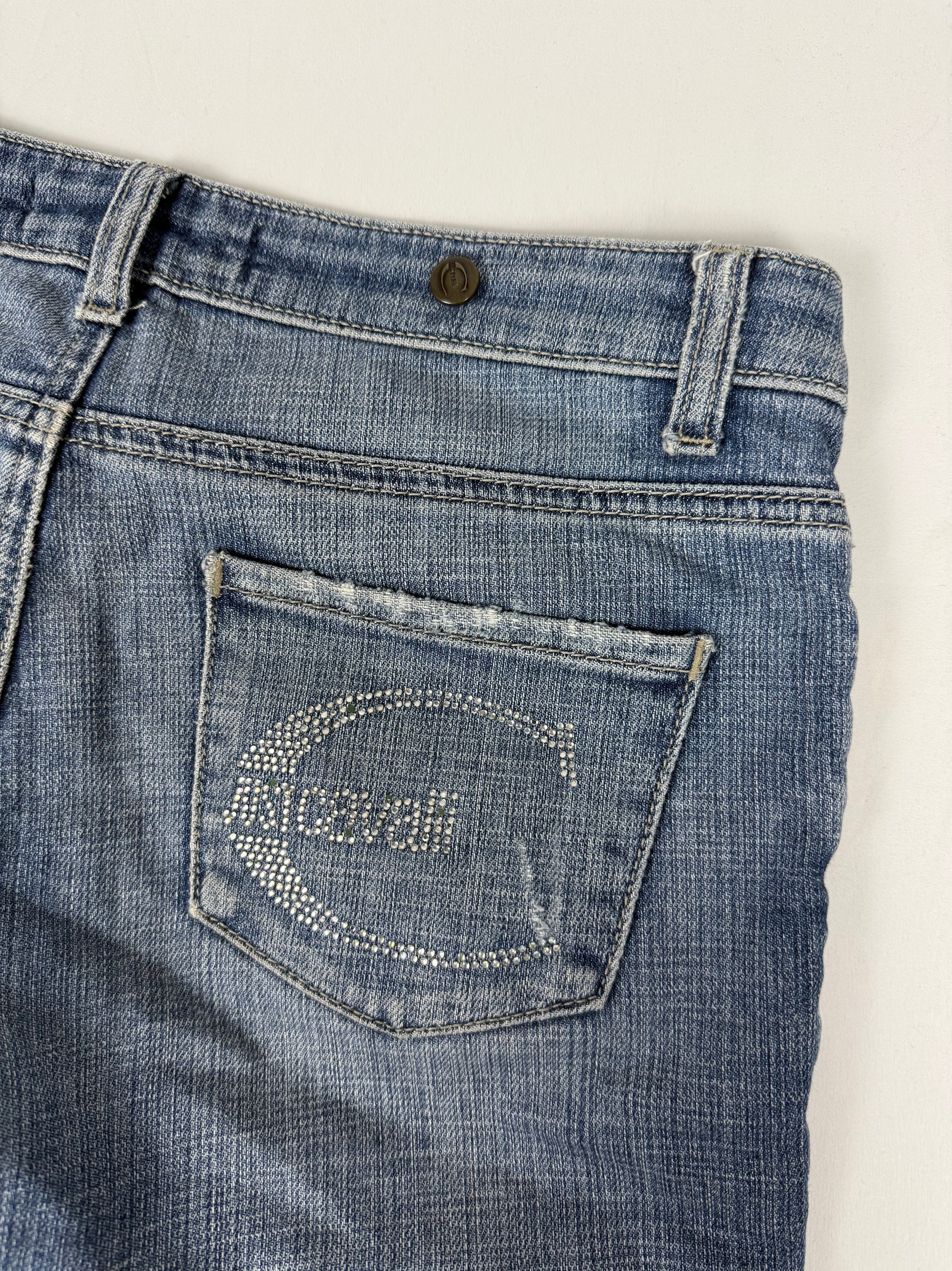 Blue denim rhinestones logo low rise flare pants (S)