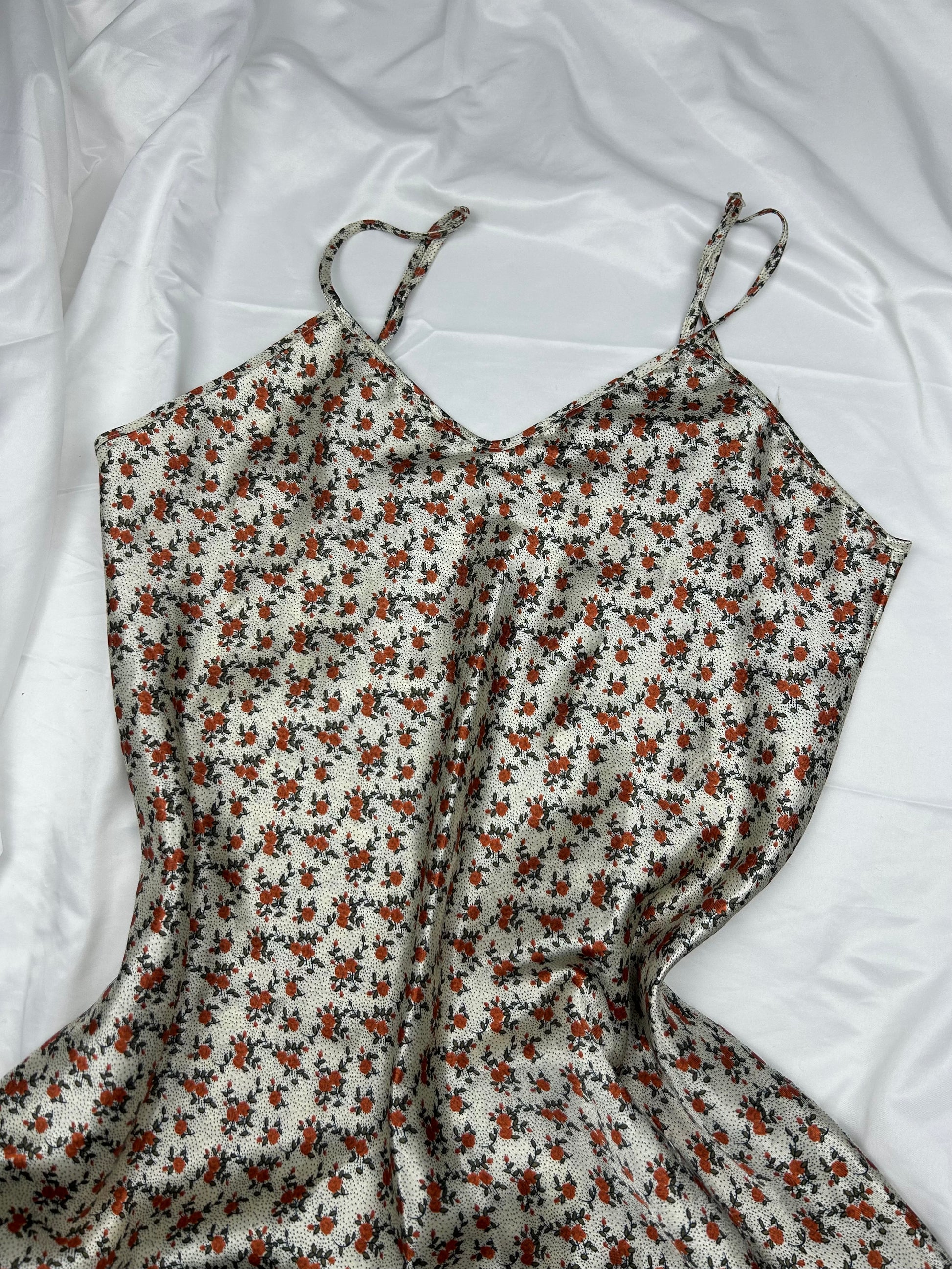 Cream floral print babydoll satin mini dress (M/L)