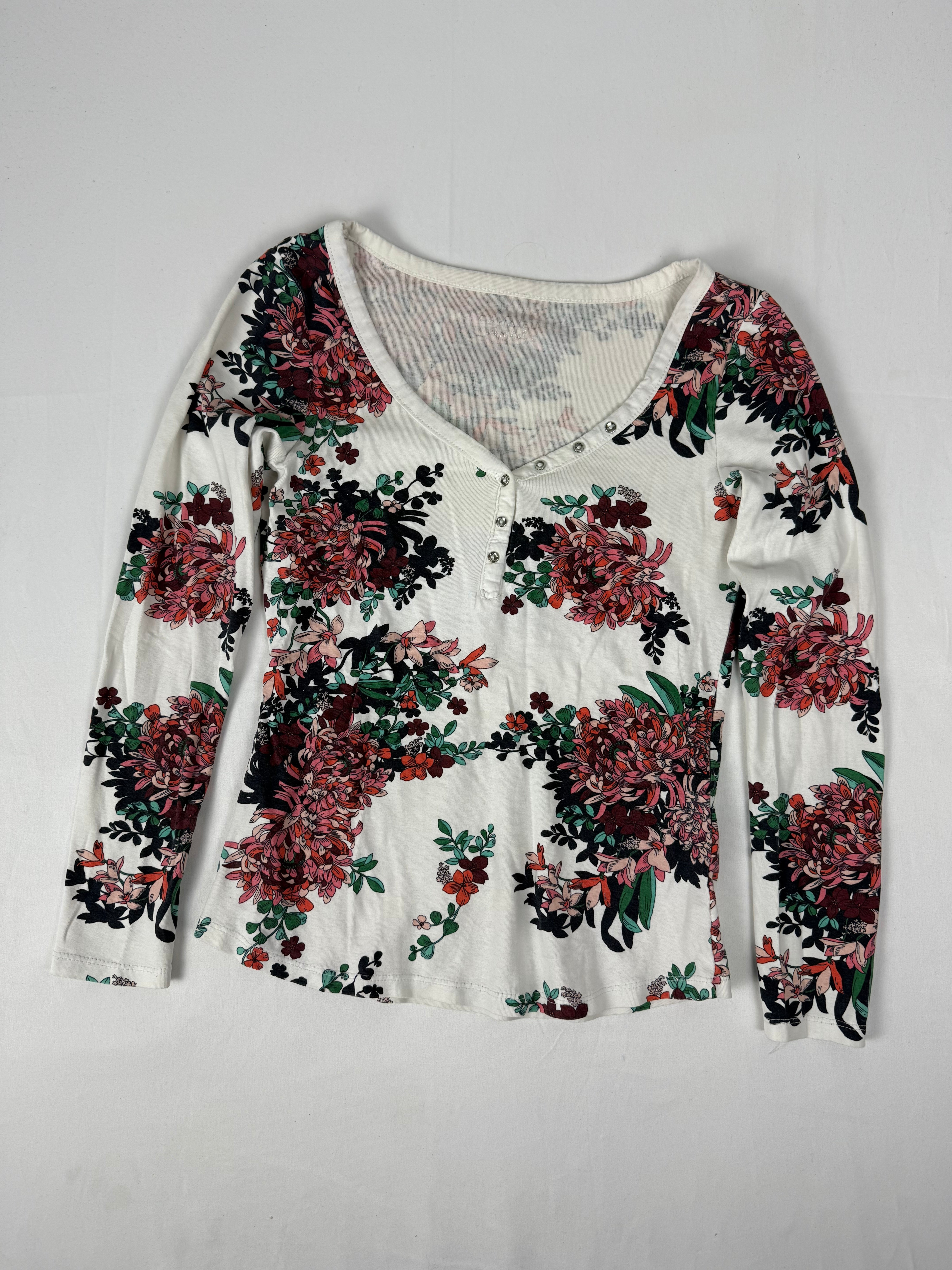 White floral tight fit cotton long sleeves top (S)