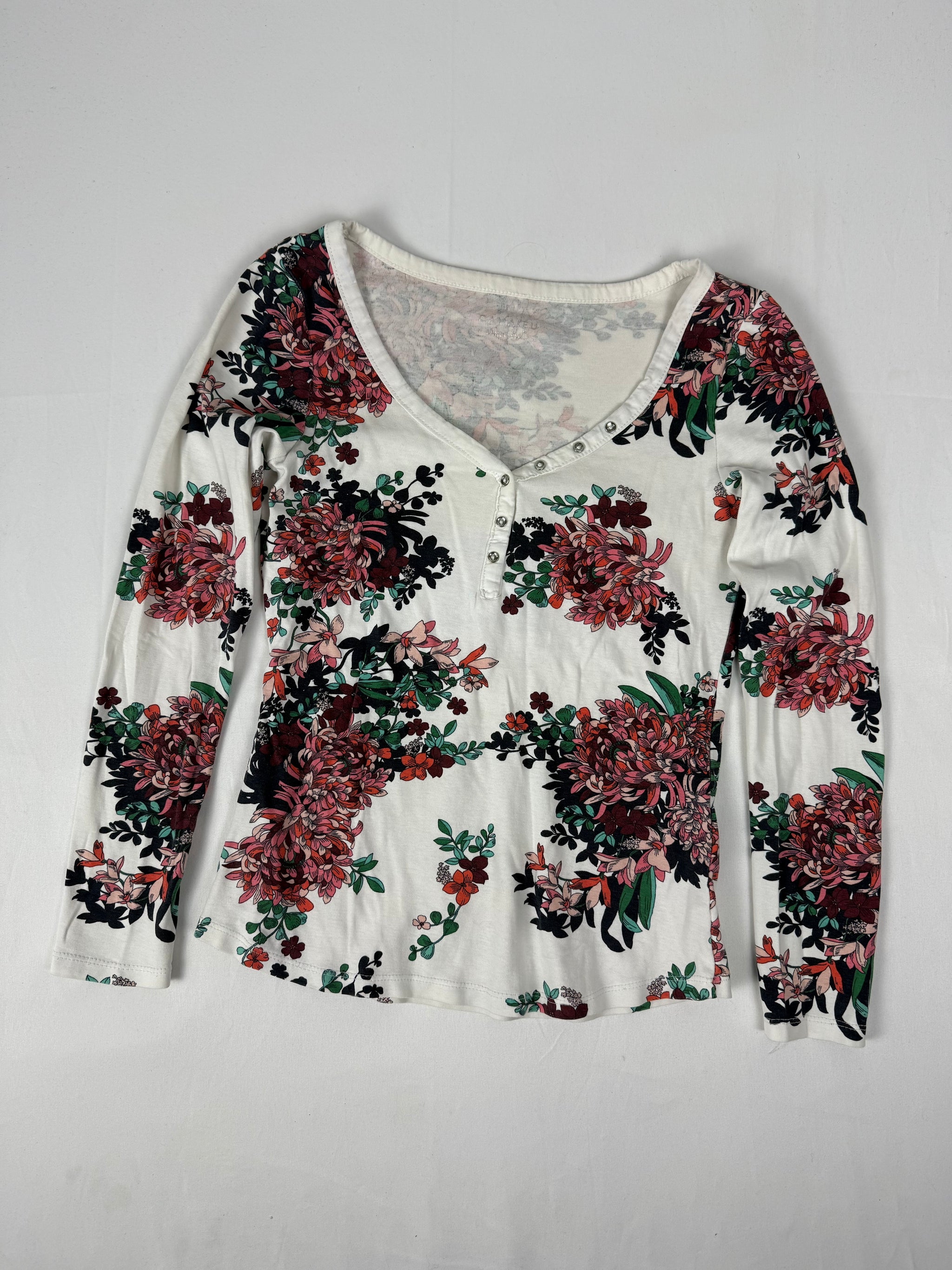 White floral tight fit cotton long sleeves top (S)