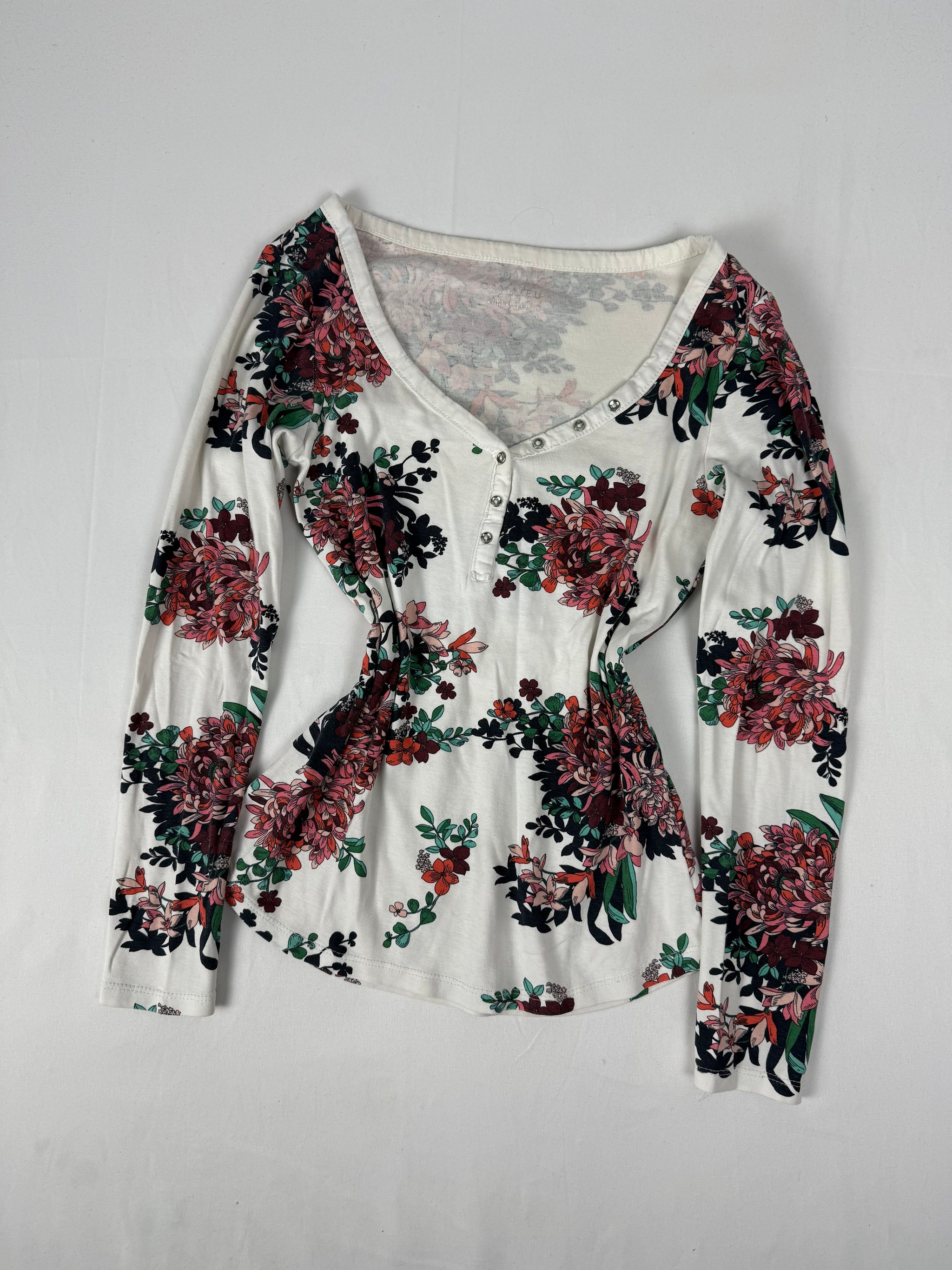 White floral tight fit cotton long sleeves top (S)