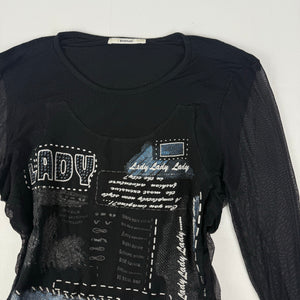 Black graphic top with mesh long sleeves (L)