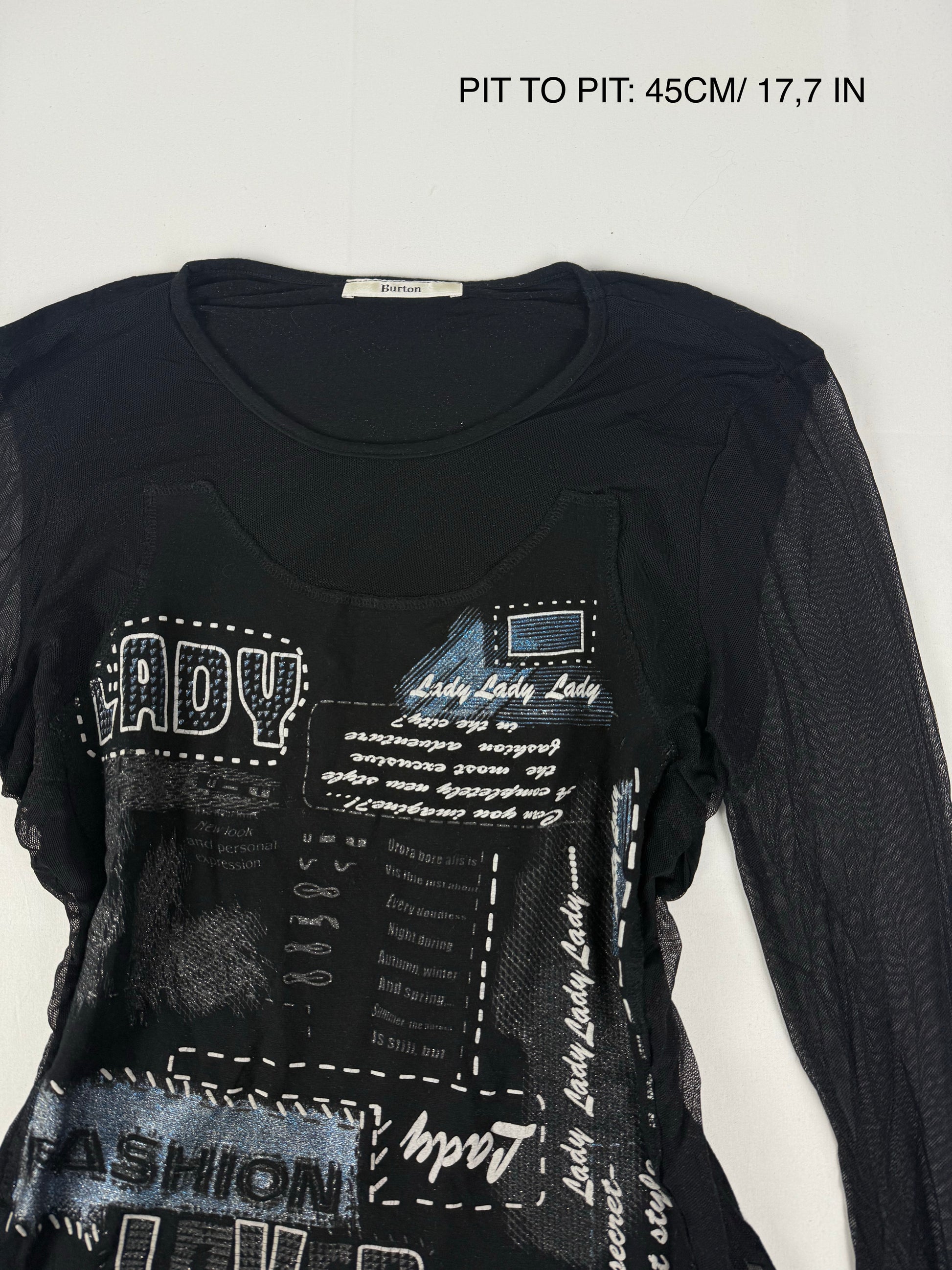 Black graphic top with mesh long sleeves (L)