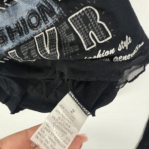 Black graphic top with mesh long sleeves (L)