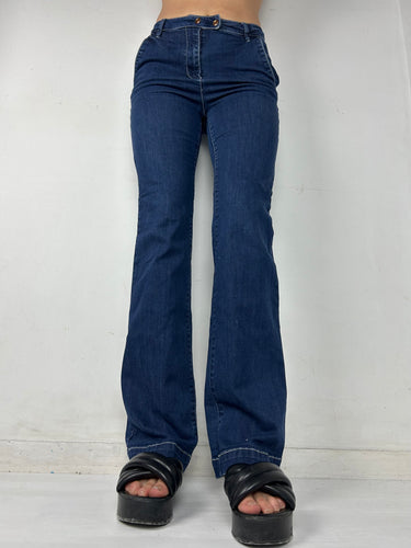 Blue denim stretchy low waist flare pants (XS/S)