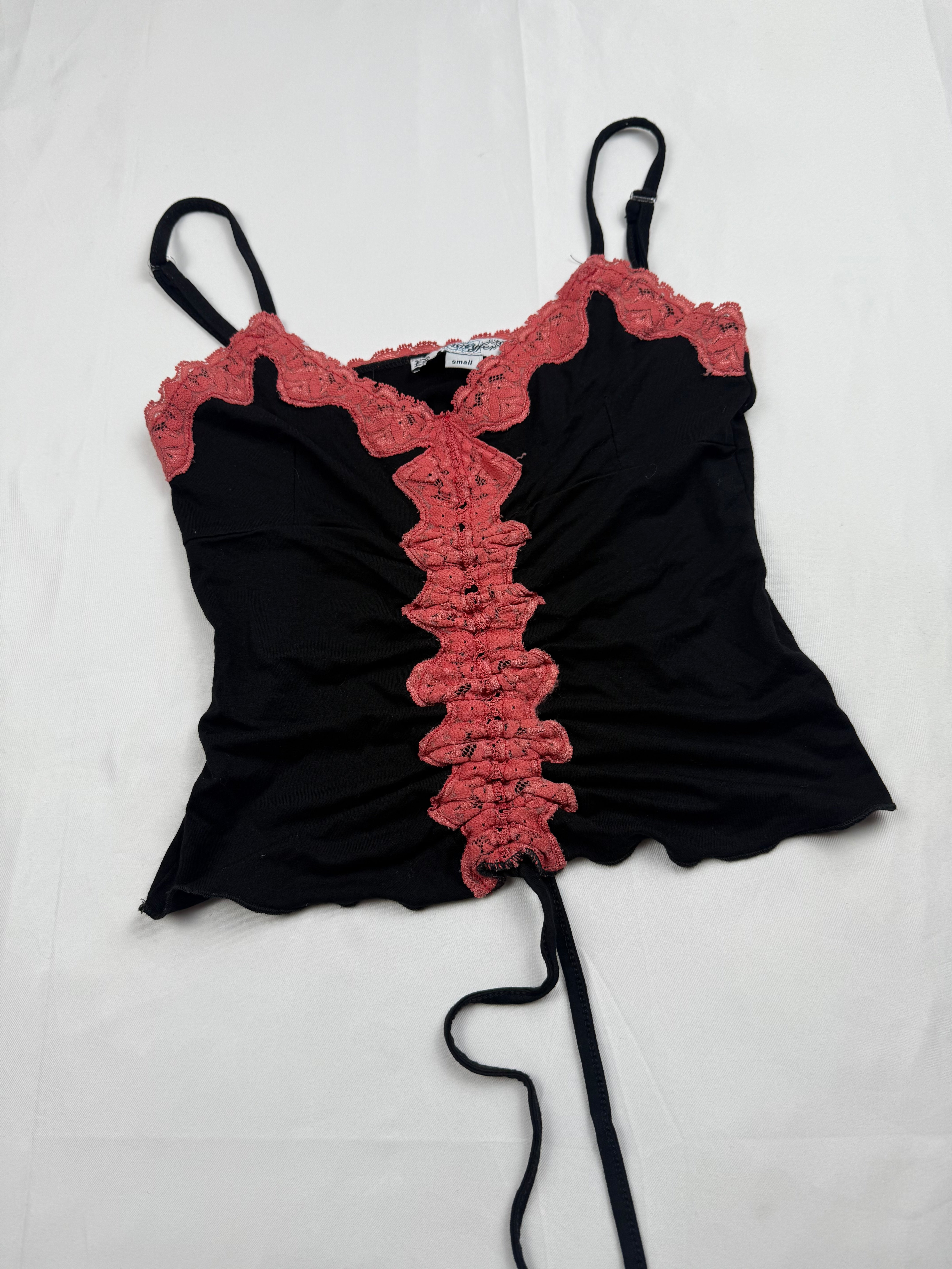 Black ruched lace neck cami top (S)