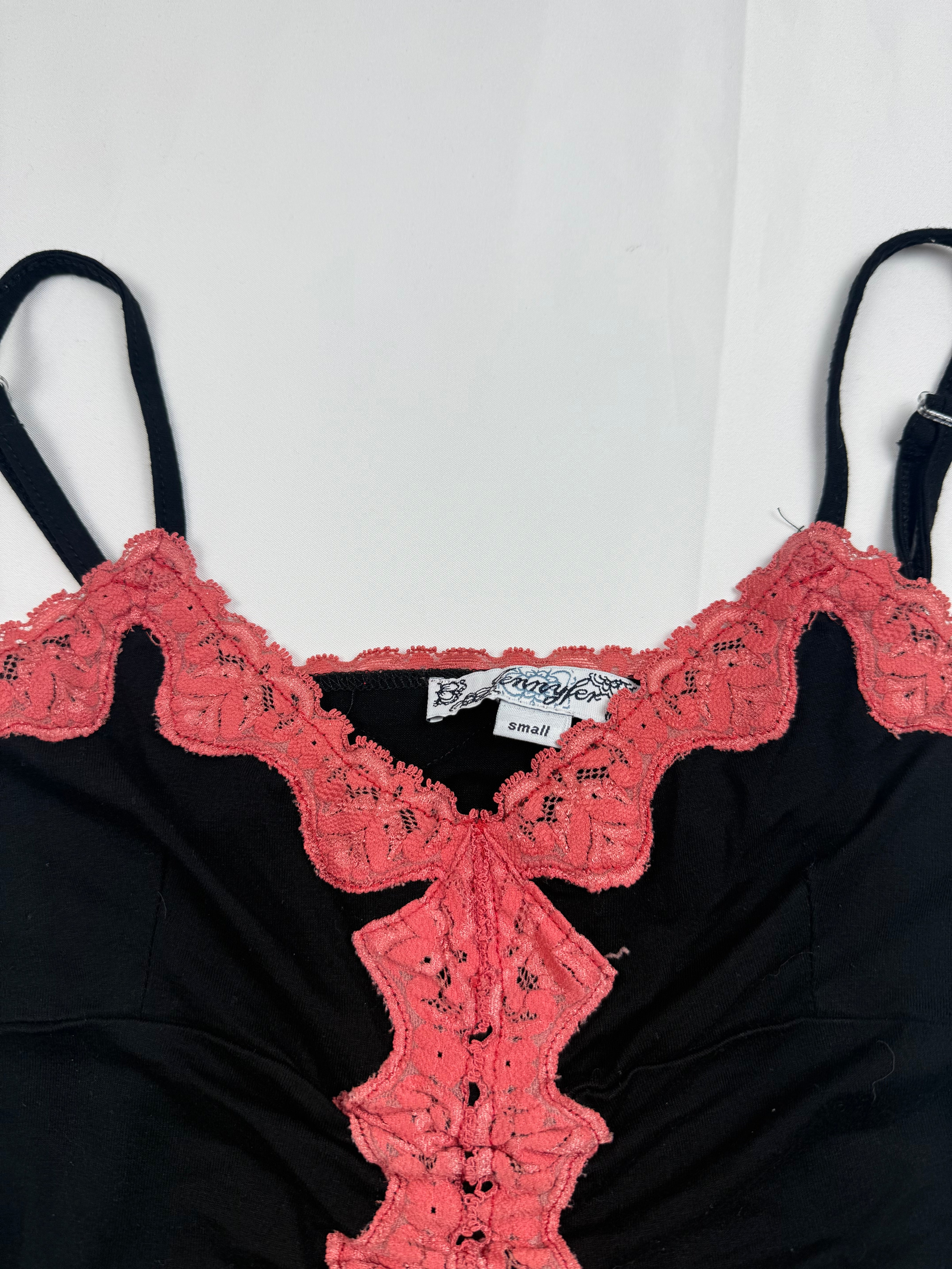 Black ruched lace neck cami top (S)