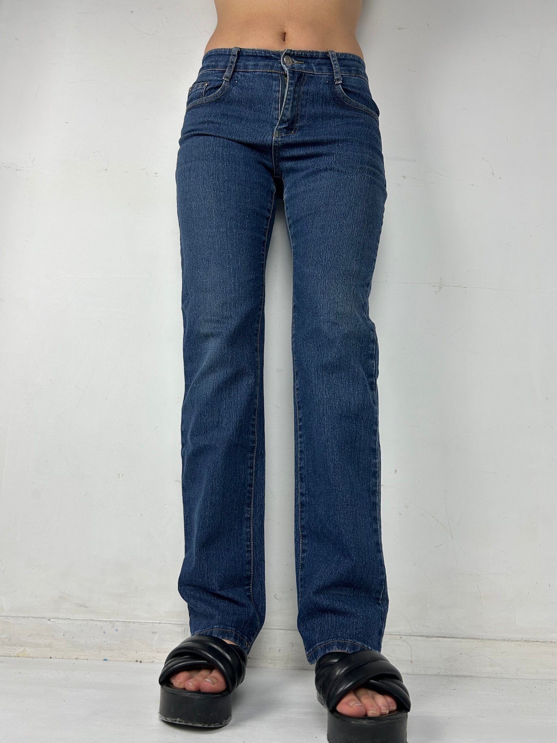Blue denim mid waist straight legs pants (S)