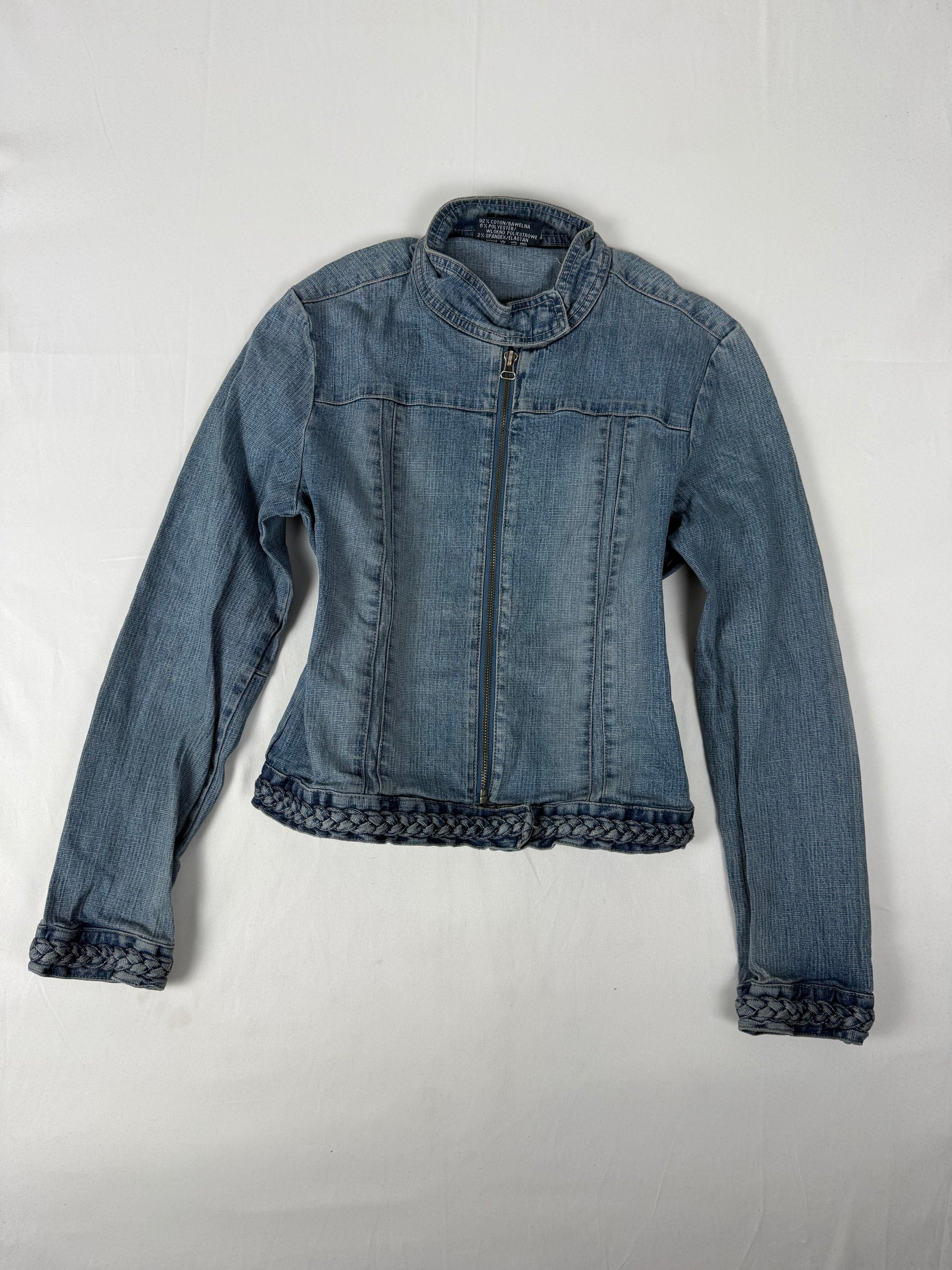 Blue denim tight fit zip up biker jacket (S/M)