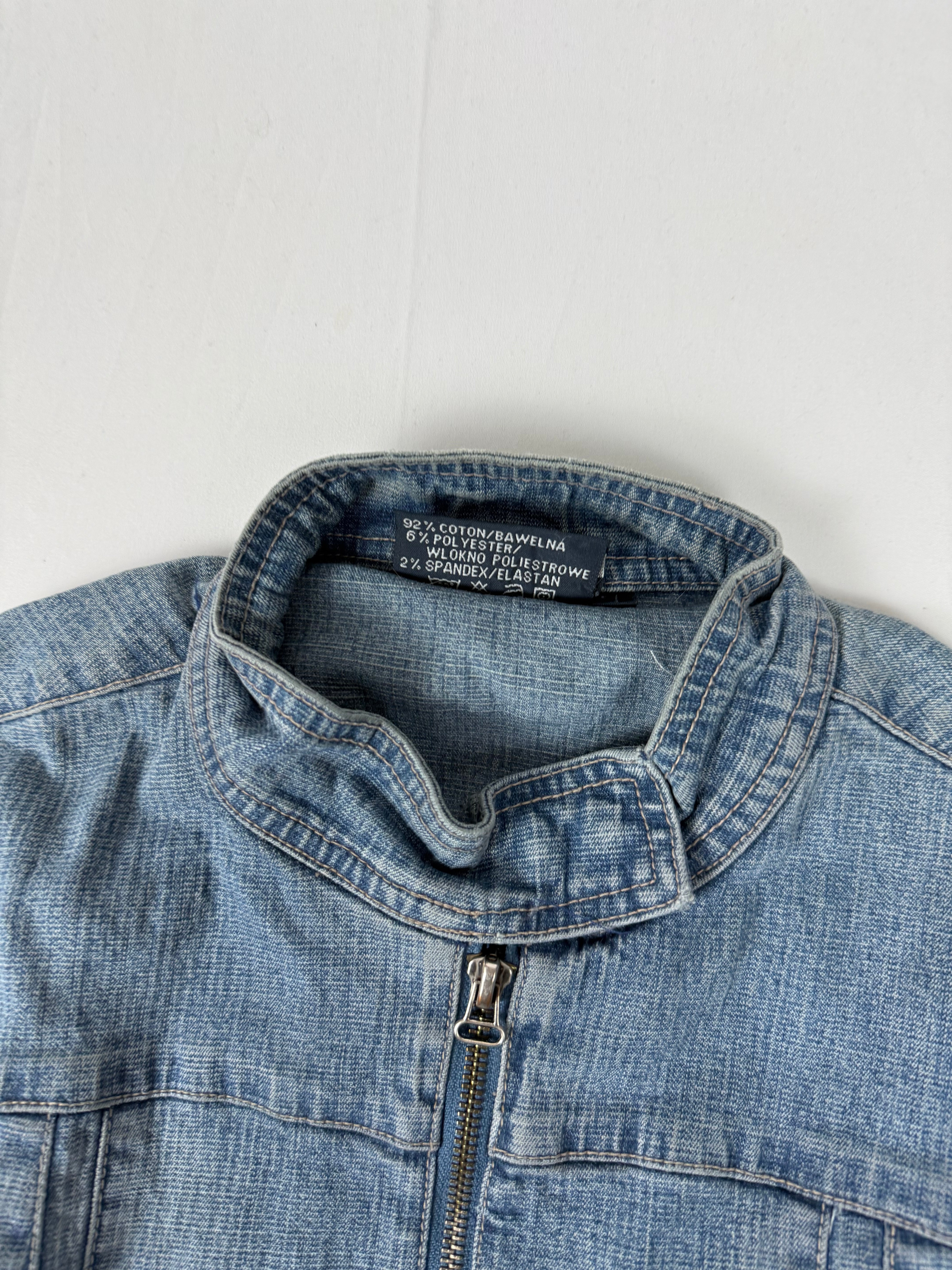 Blue denim tight fit zip up biker jacket (S/M)