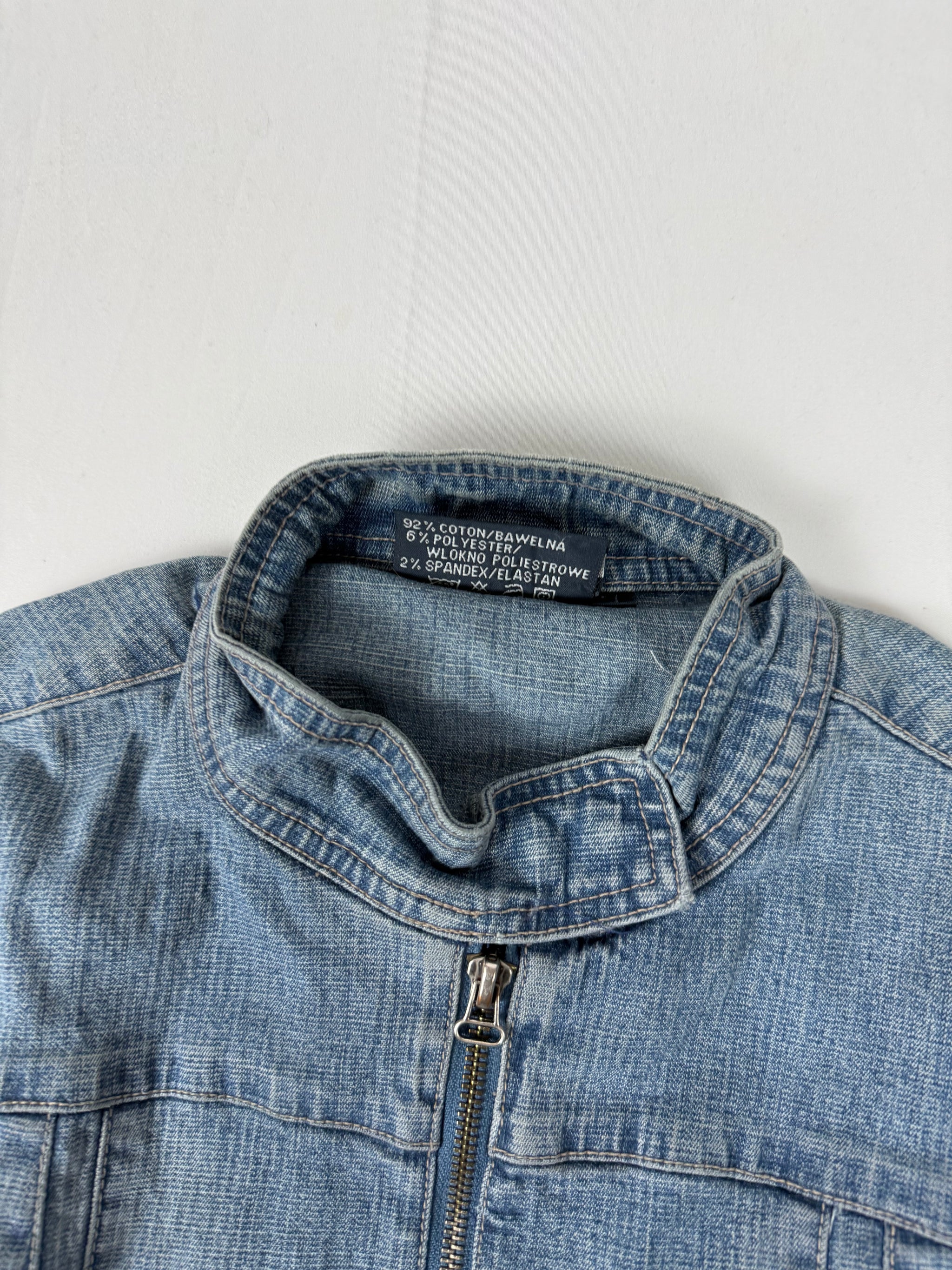 Blue denim tight fit zip up biker jacket (S/M)
