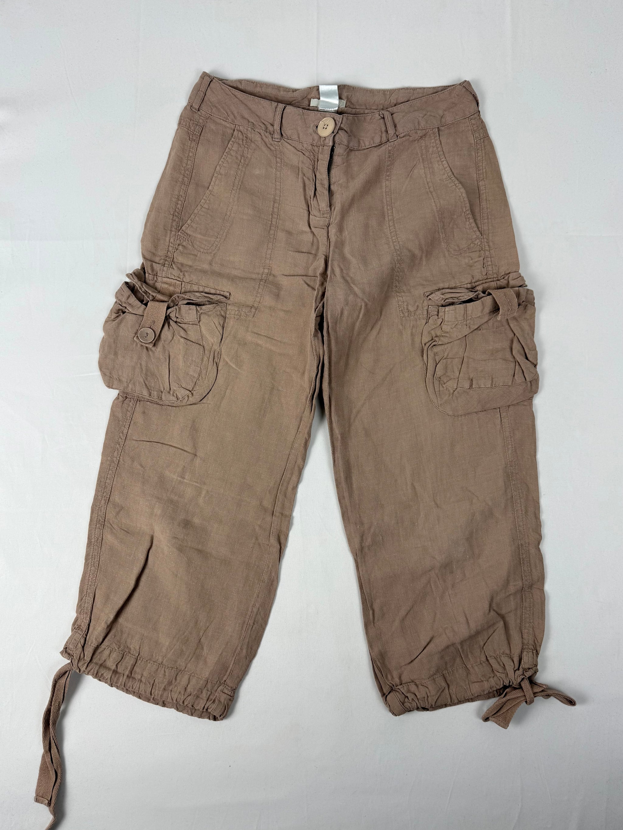 Brown 100% linen utility low rise capri pants (M)