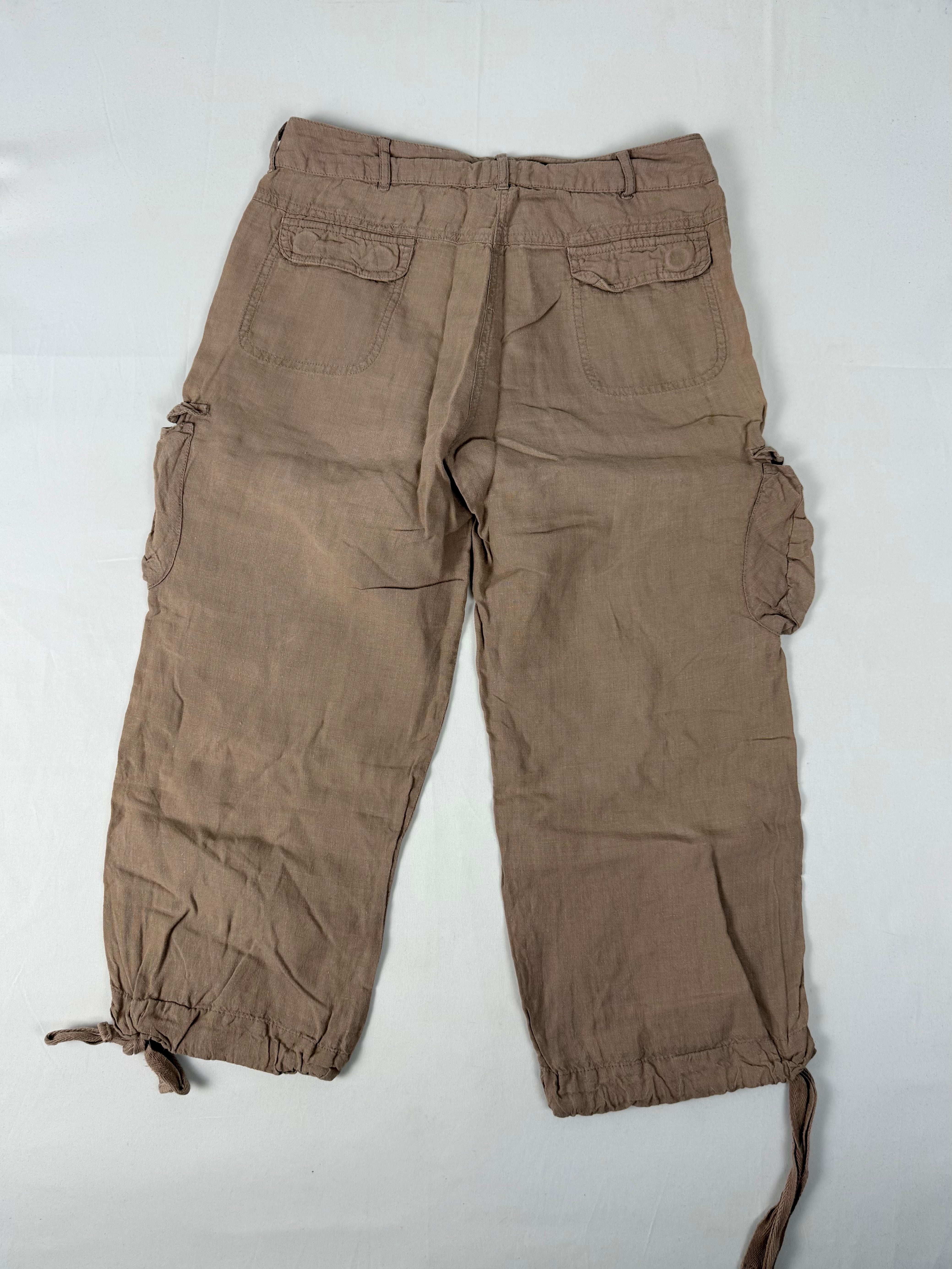 Brown 100% linen utility low rise capri pants (M)