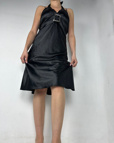 Black satin belt midi dress (S/M)