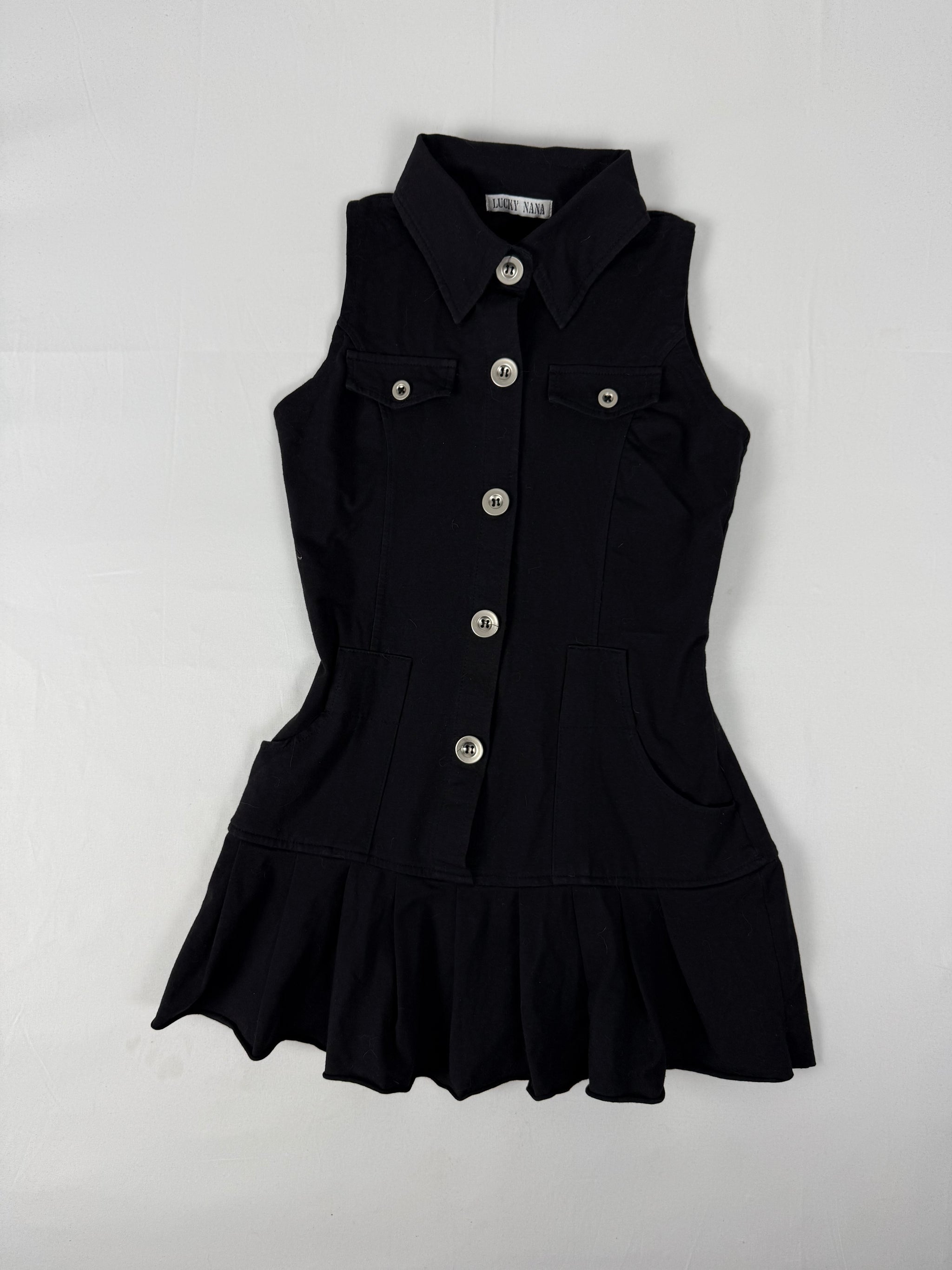 Black buttons up pleated mini dress top (S)