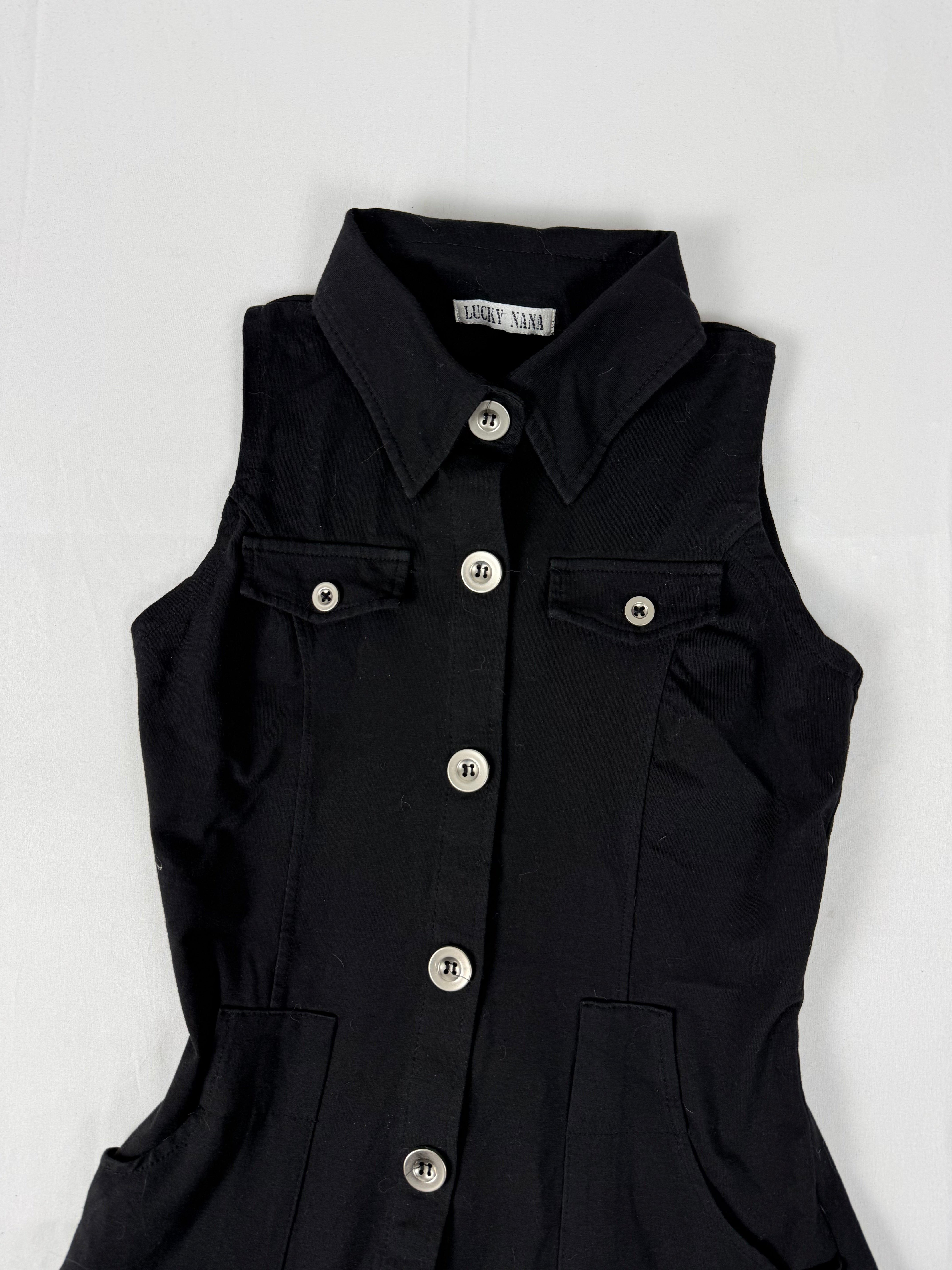 Black buttons up pleated mini dress top (S)