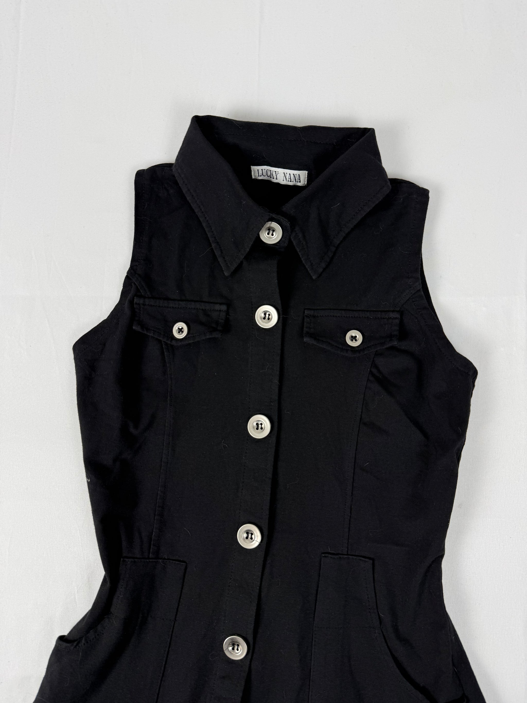 Black buttons up pleated mini dress top (S)