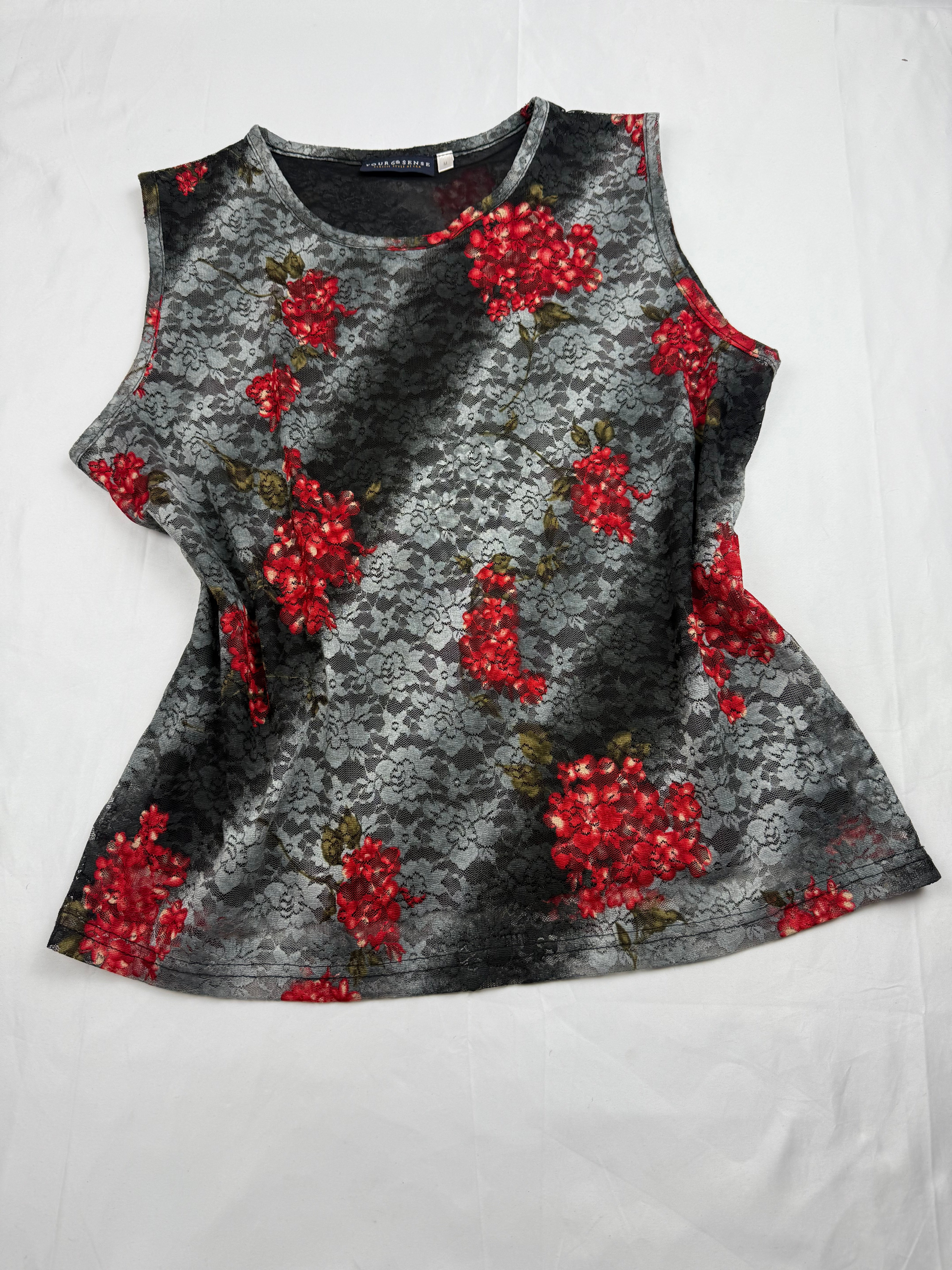 Grey floral print mesh lined tank top (L)