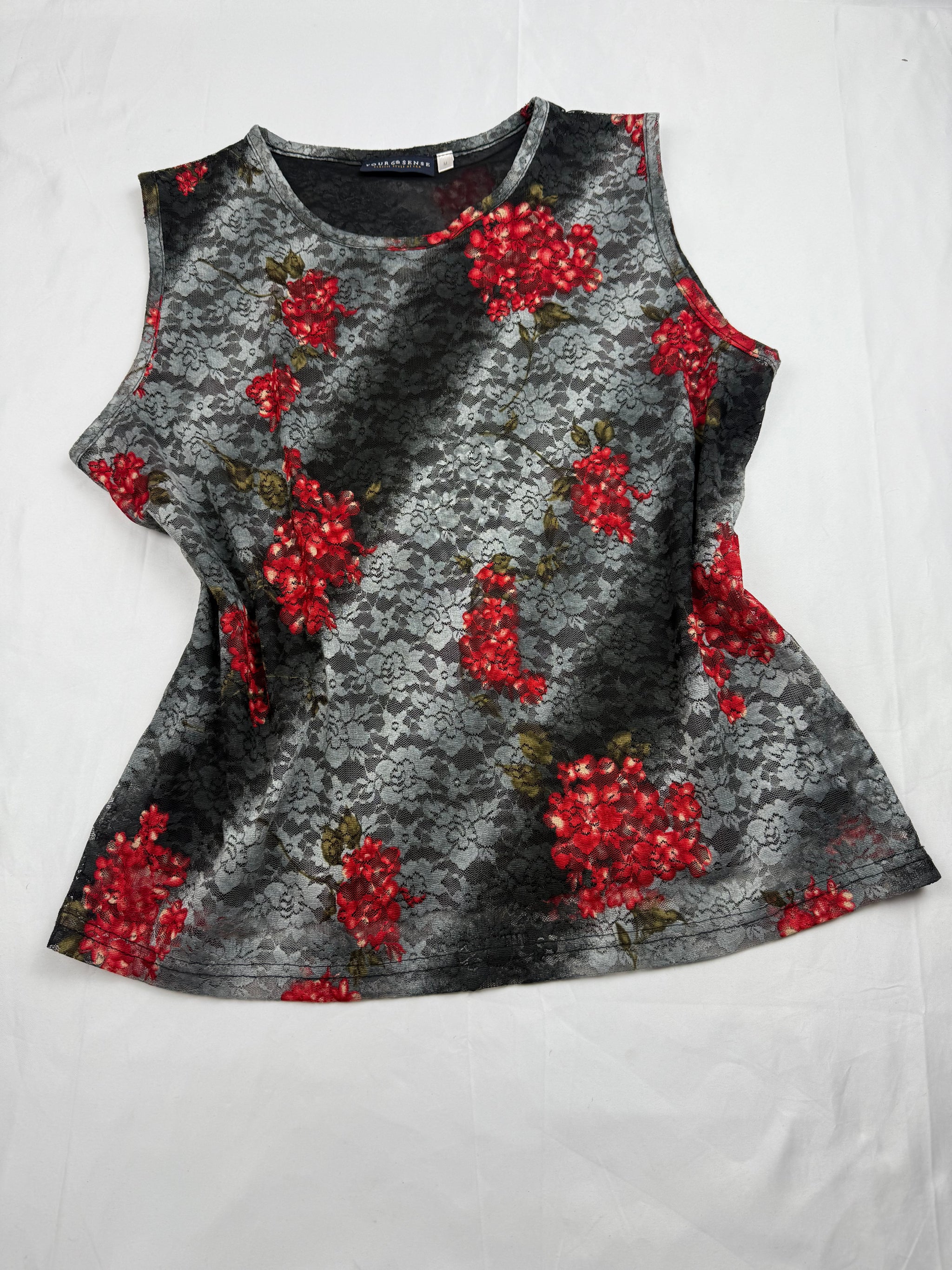 Grey floral print mesh lined tank top (L)