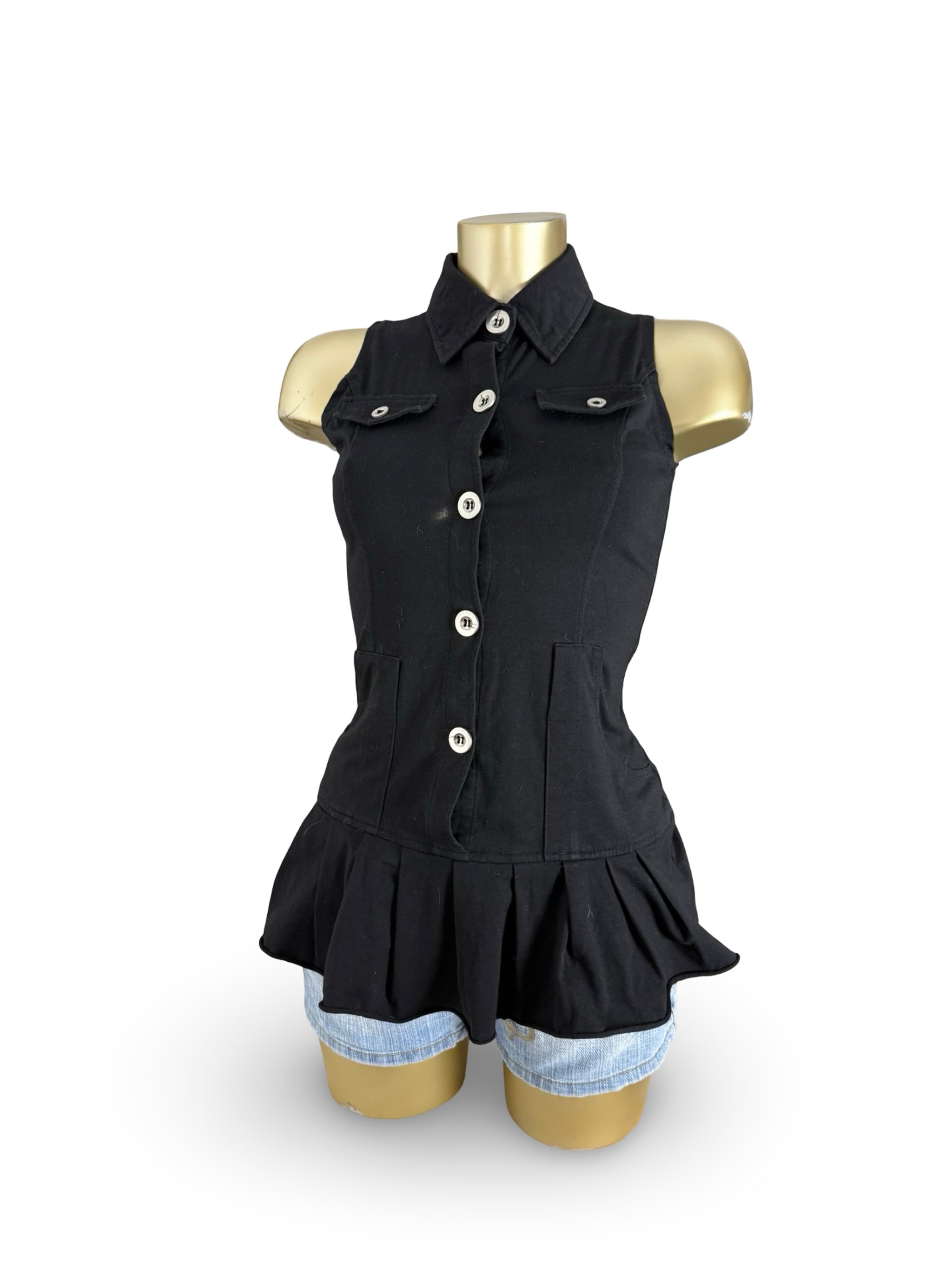 Black buttons up pleated mini dress top (S)