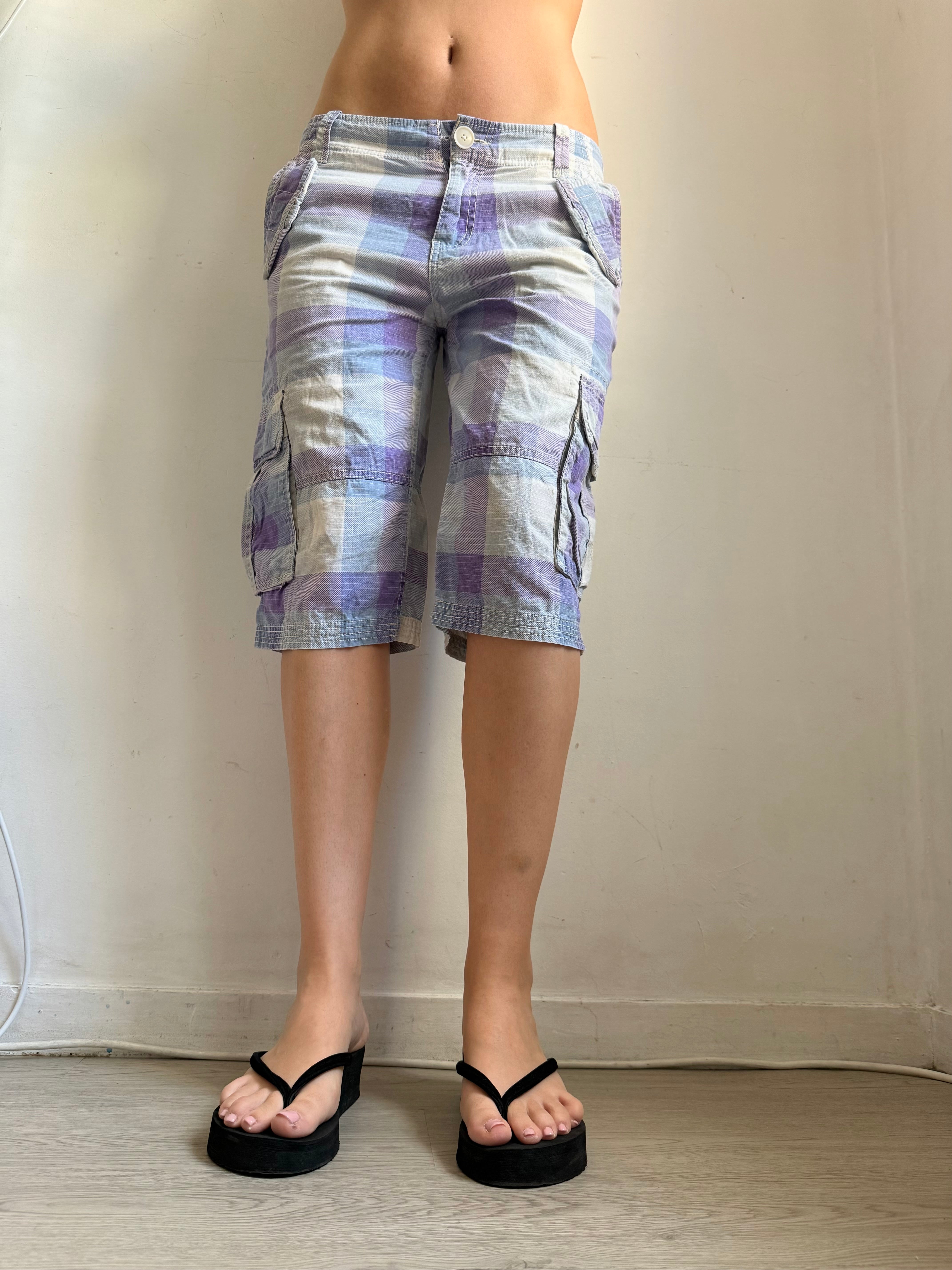 Purple check print baggy short (M)