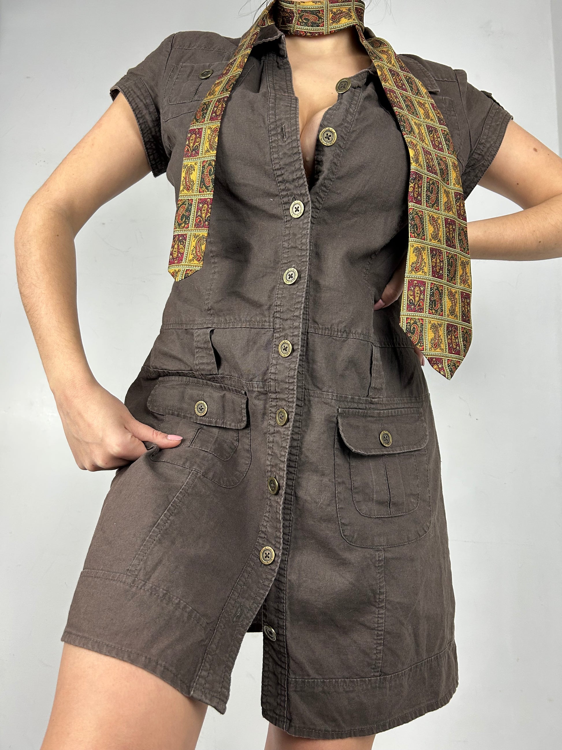 Brown linen buttons up mini dress (M)