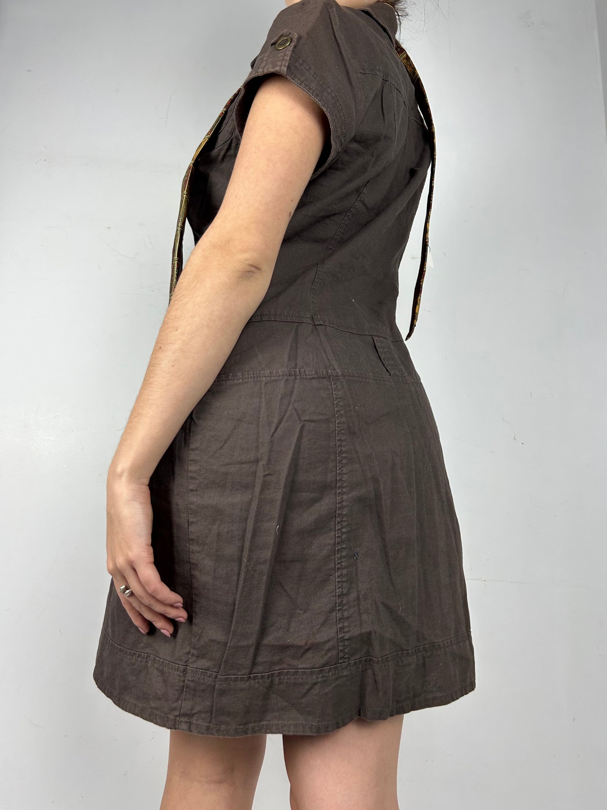 Brown linen buttons up mini dress (M)