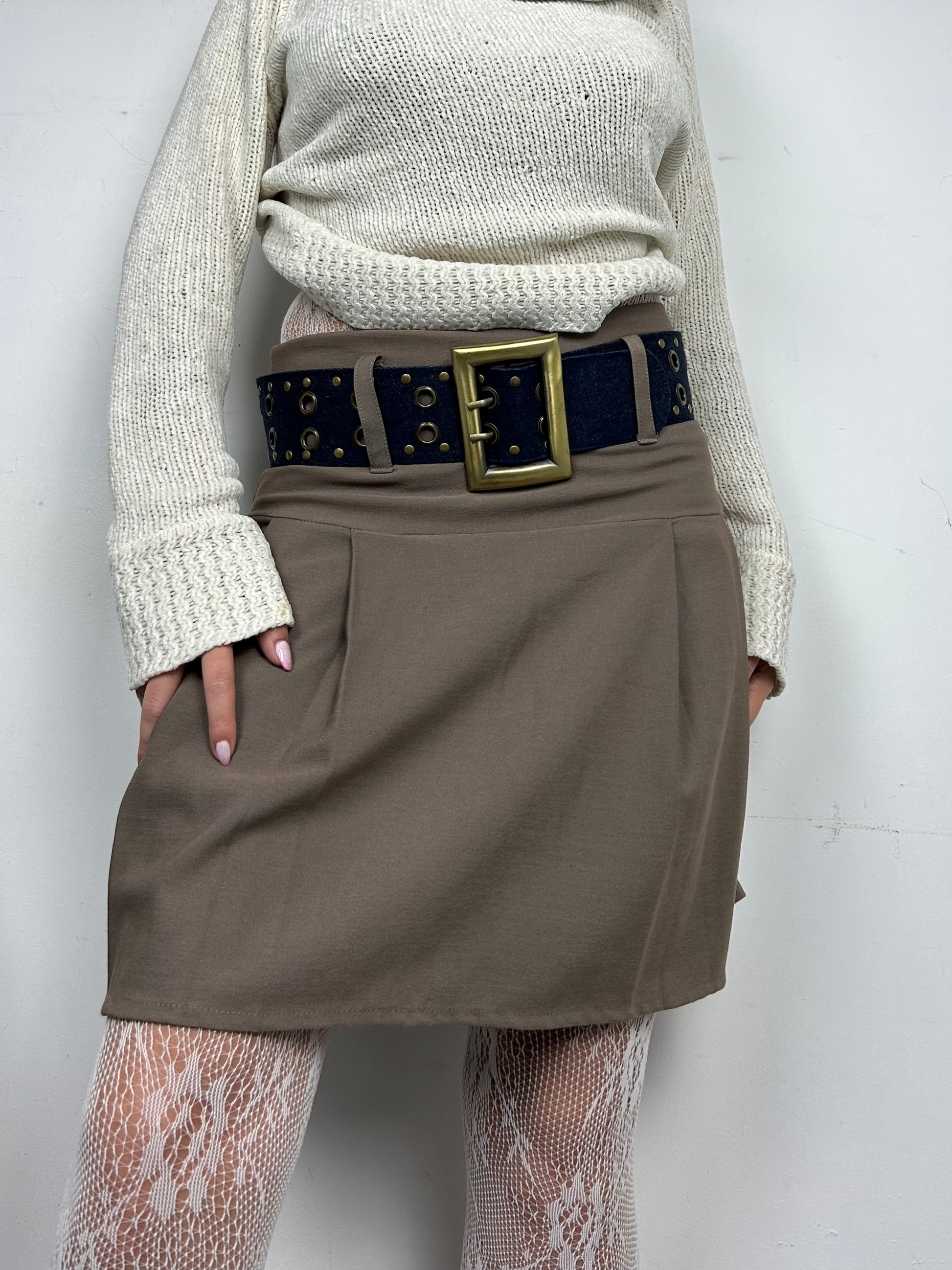 Khaki denim low rise pleated mini skirt (M)