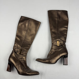 Brown gold real leather knee high boots (37)