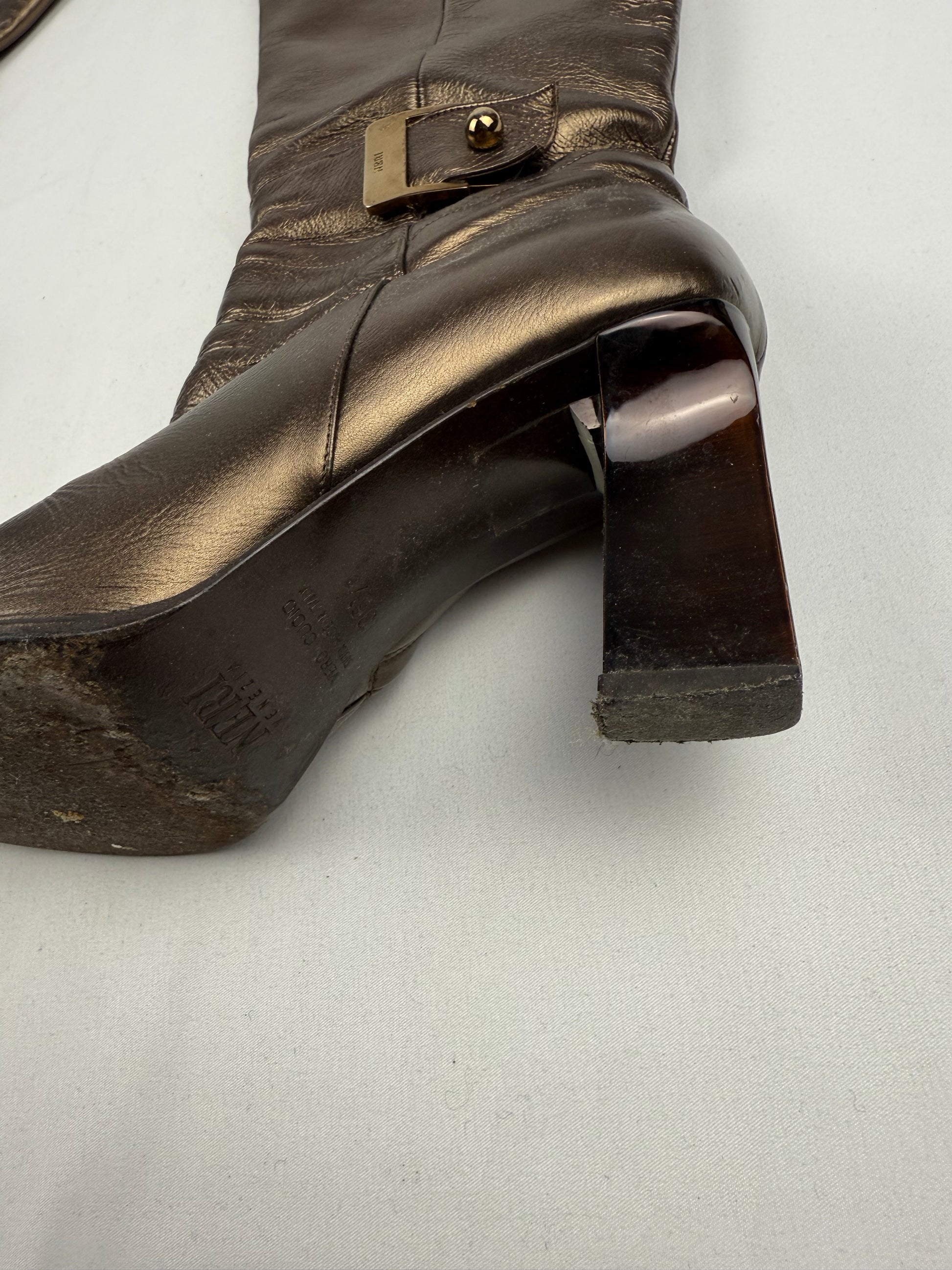 Brown gold real leather knee high boots (37)