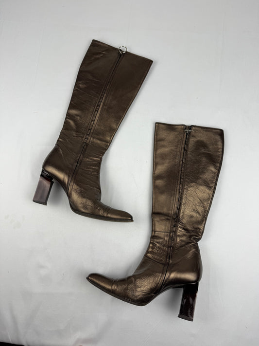 Brown gold real leather knee high boots (37)
